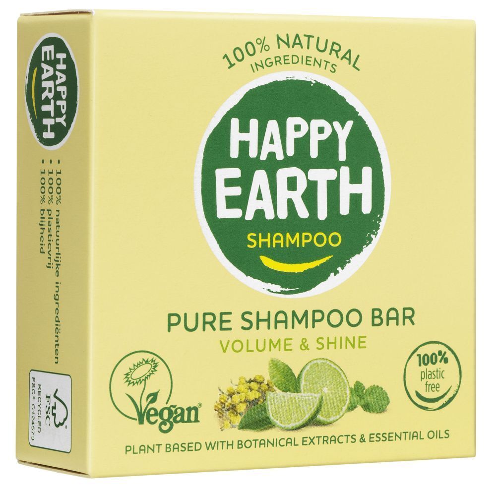 Emballage jaune. Inscription: HAPPY EARTH SHAMPOO, Pure Shampoo Bar, Vegan.