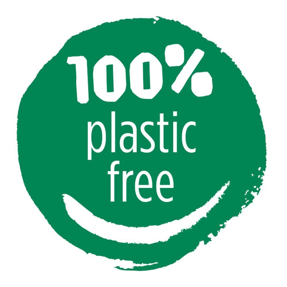 Logo rond vert. Inscription: 100% plastic free.