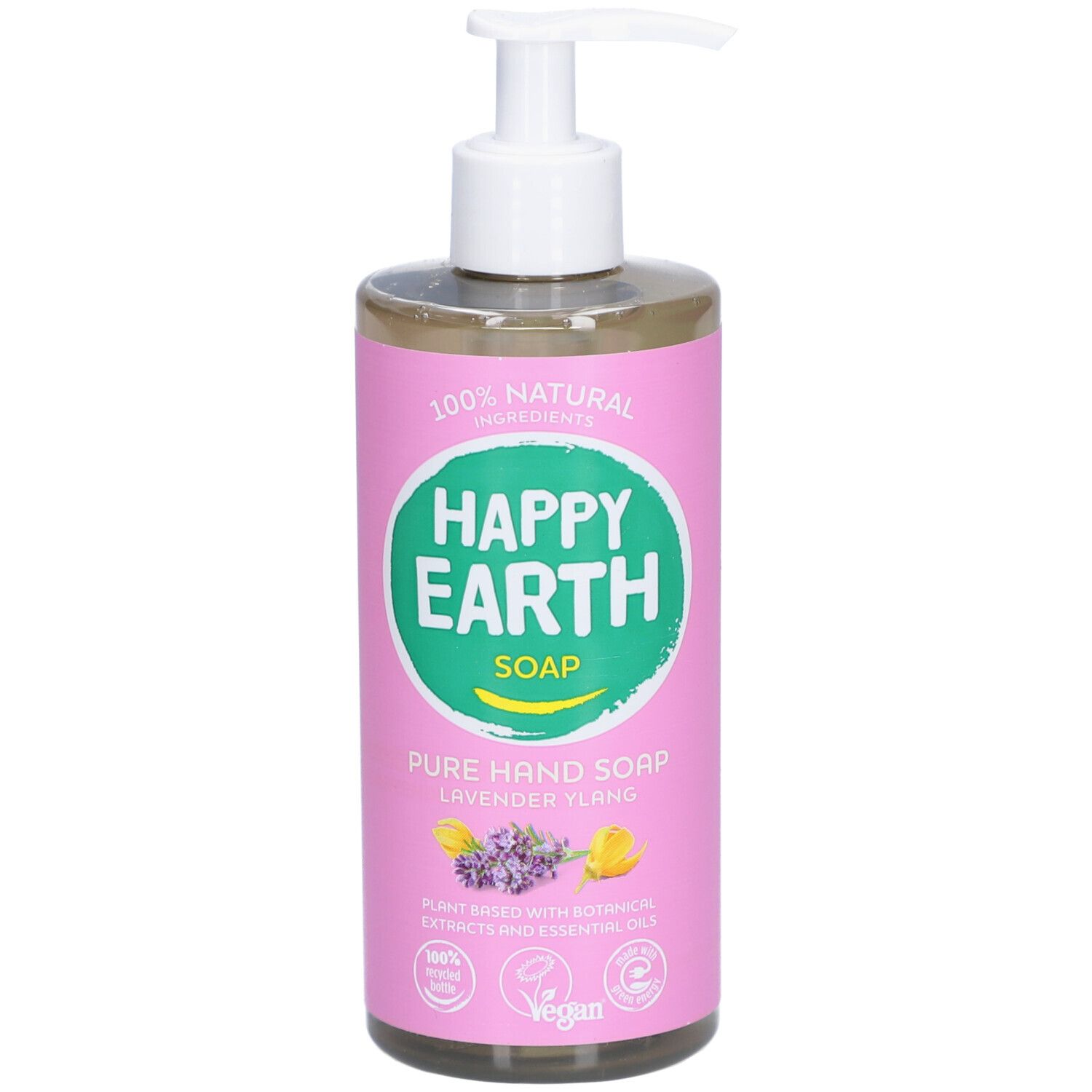 Savon pour les mains avec pompe. Étiquette rose avec logo, texte: Pure Hand Soap Lavande & Ylang. Label vegan.