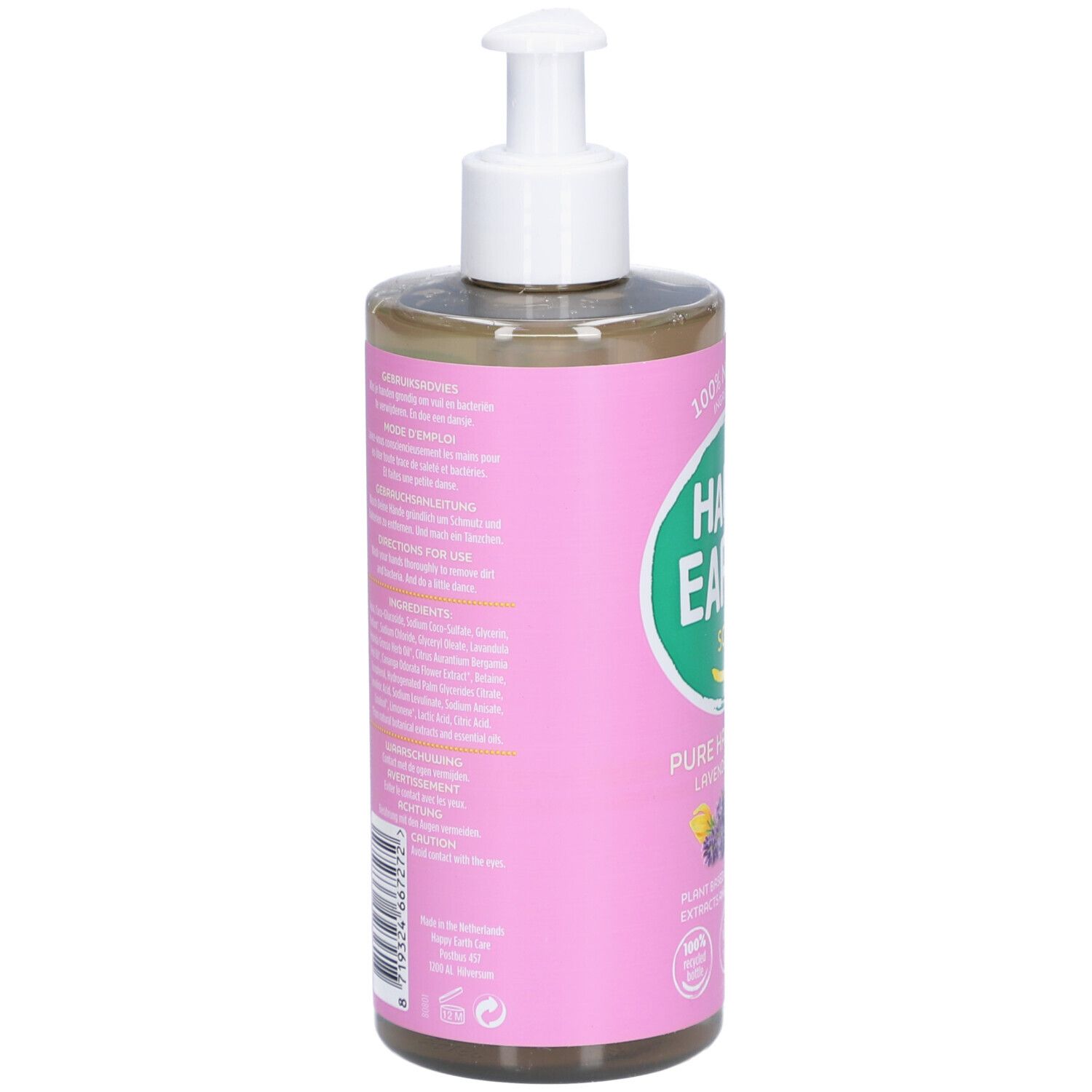 Dos du savon pour les mains avec pompe. Étiquette rose avec texte et code-barres.