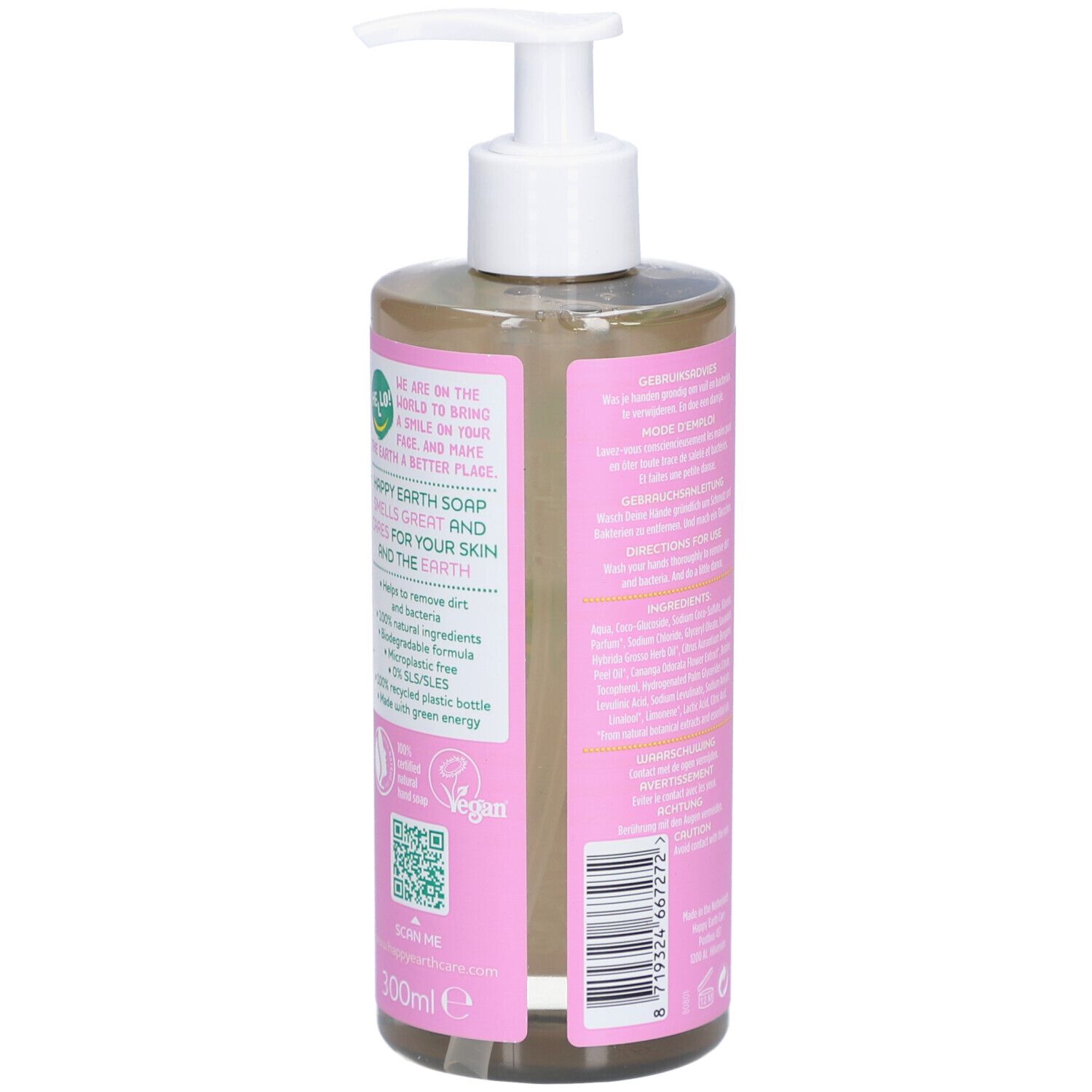 Dos du savon pour les mains avec pompe. Étiquette rose avec texte et code-barres.