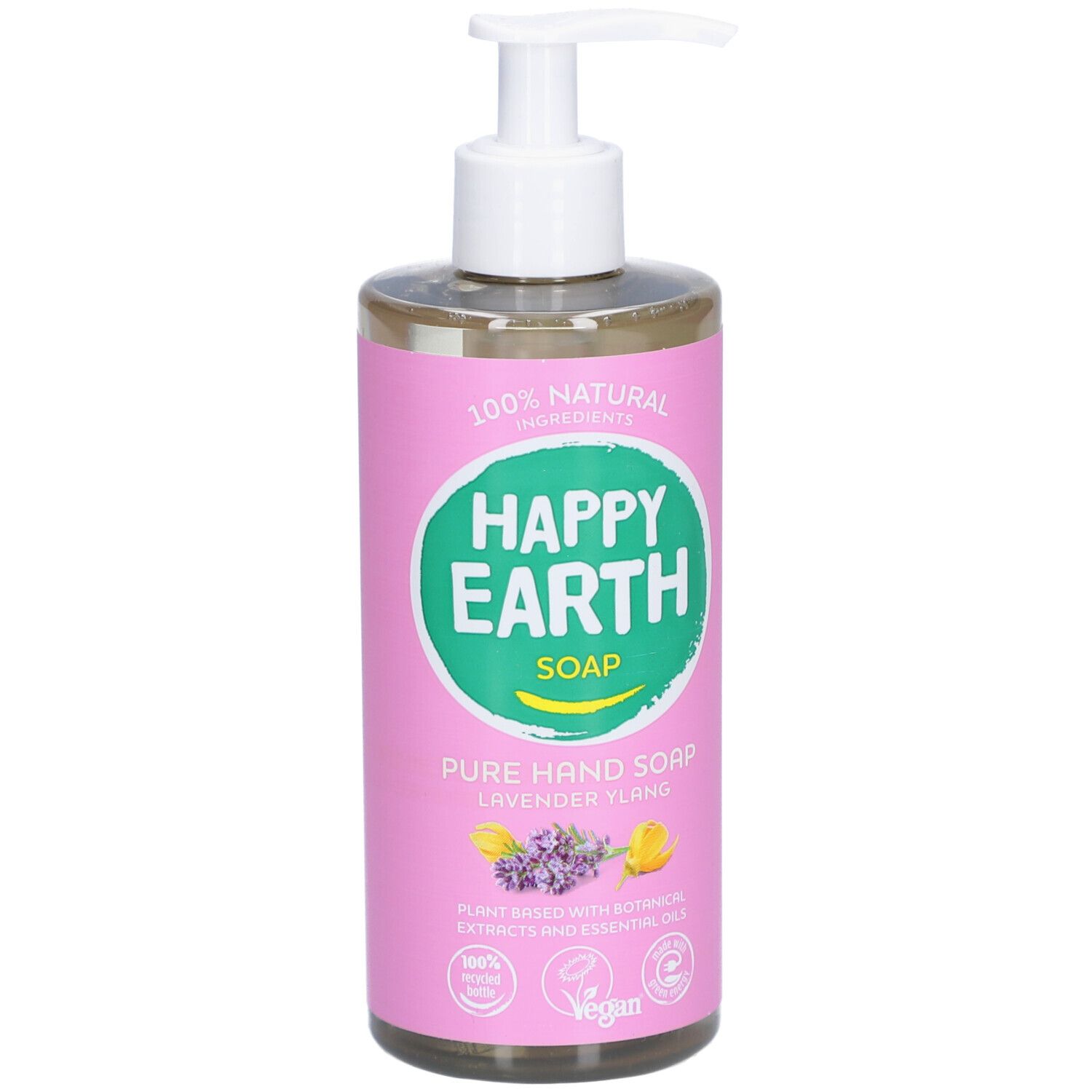 Savon pour les mains avec pompe. Étiquette rose avec logo, texte: Pure Hand Soap Lavande & Ylang. Label vegan.