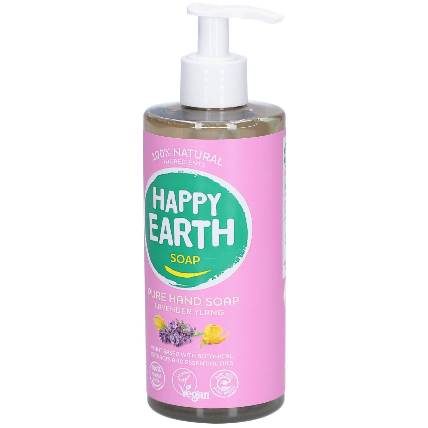 Savon pour les mains avec pompe. Étiquette rose avec logo, texte: Pure Hand Soap Lavande & Ylang. Label vegan.