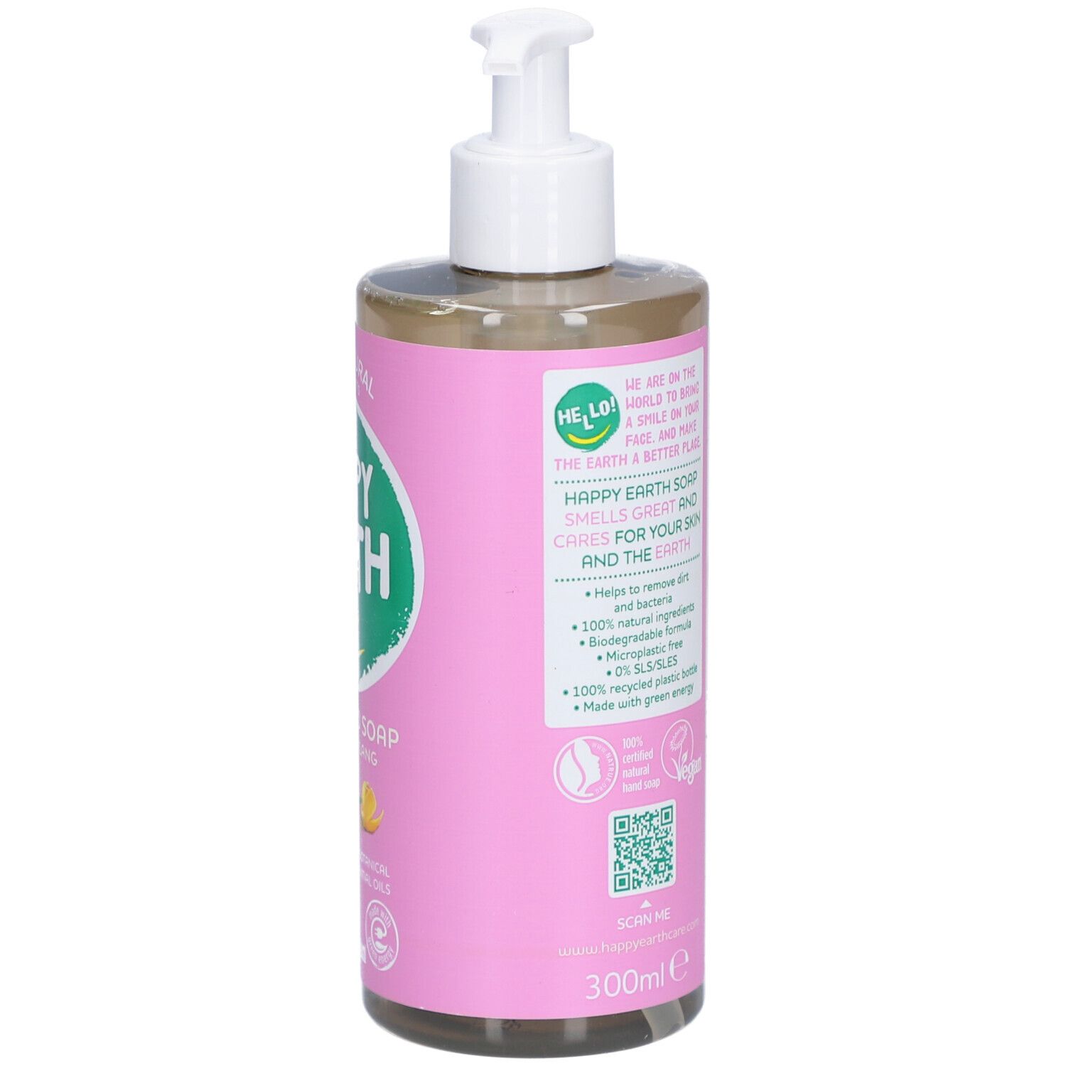 Dos du savon pour les mains avec pompe. Étiquette rose avec texte et code-barres.