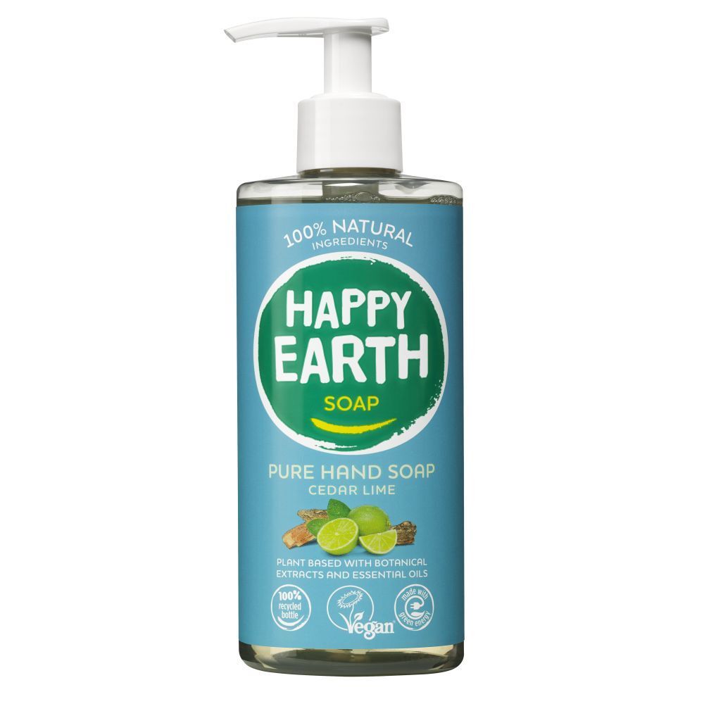 Savon liquide avec pompe. Inscription : Happy Earth Soap, Pure Hand Soap, Cèdre & Citron Vert. Label Vegan.