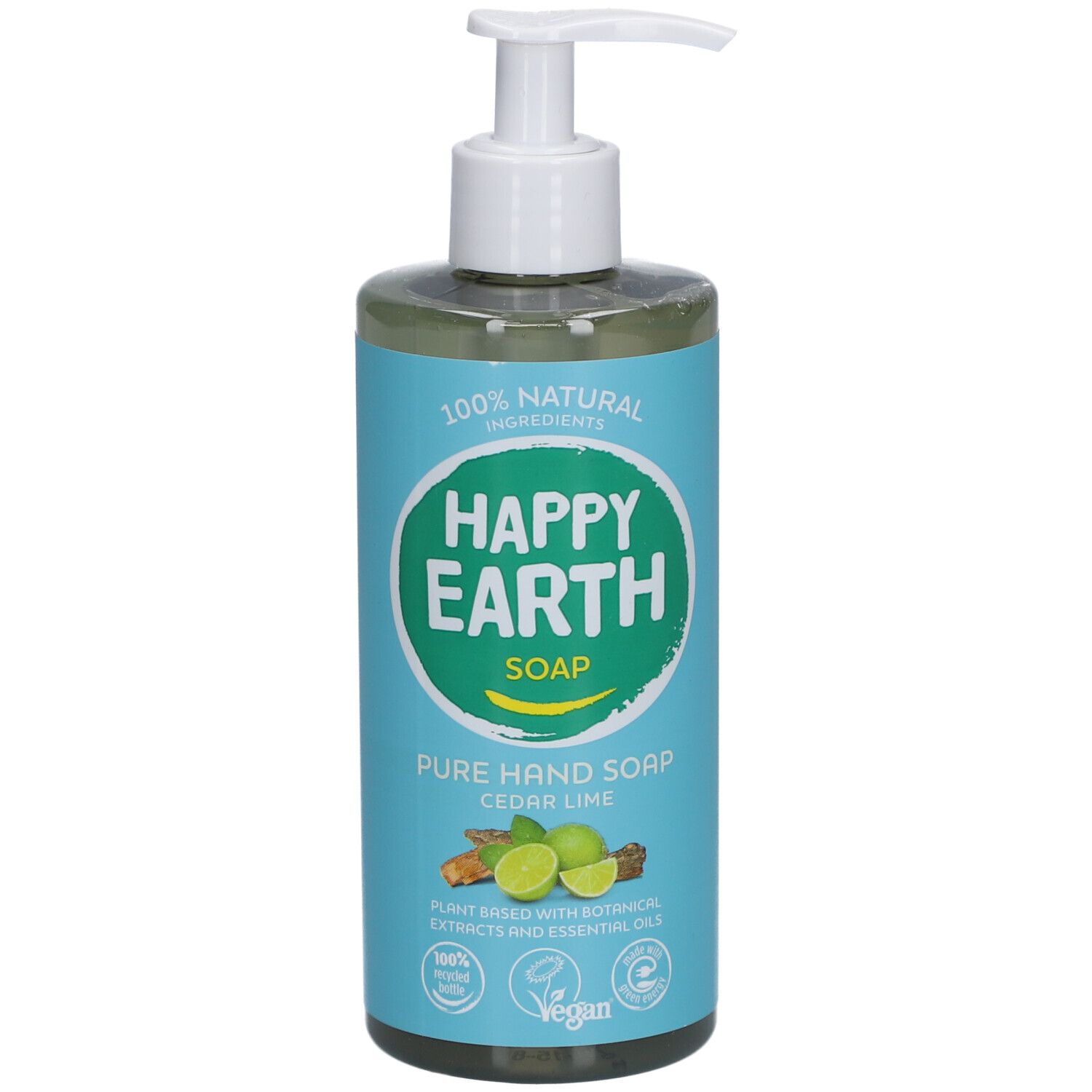 Savon liquide avec pompe. Inscription : Happy Earth Soap, Pure Hand Soap, Cèdre & Citron Vert. Label Vegan.