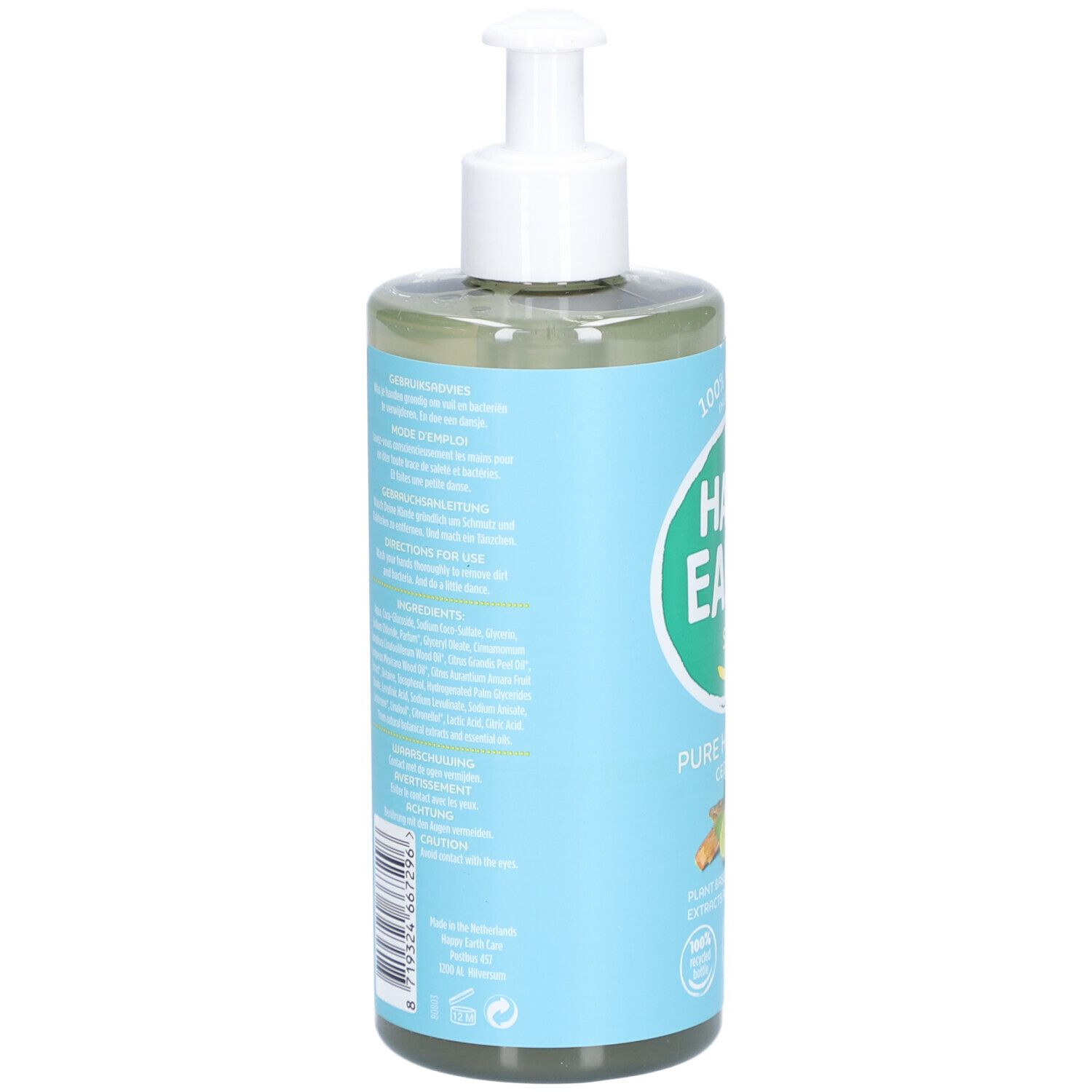 Dos du savon liquide. Texte et code-barres. Inscription : Happy Earth Soap.