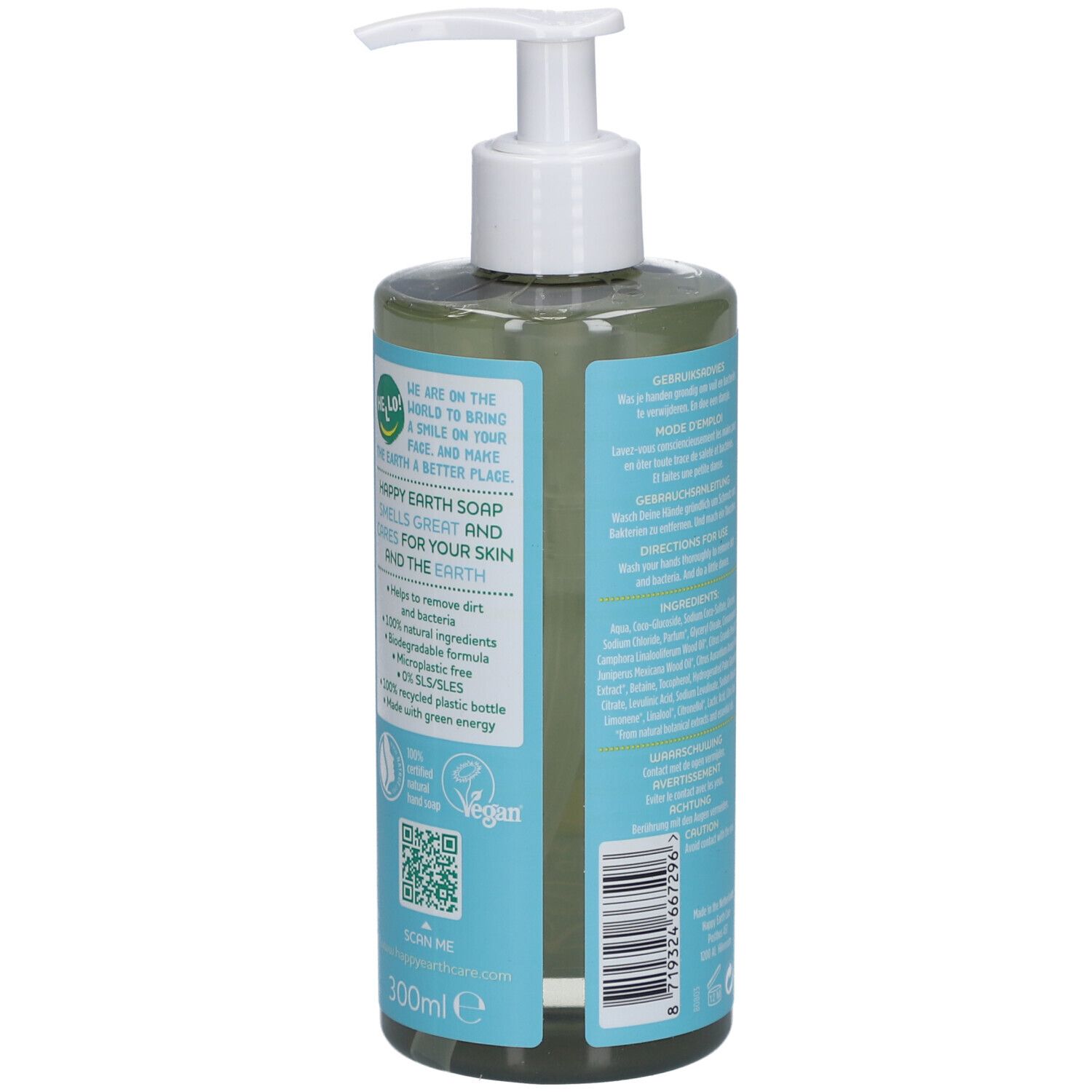Dos du savon liquide. Texte et code-barres. Inscription : Happy Earth Soap.
