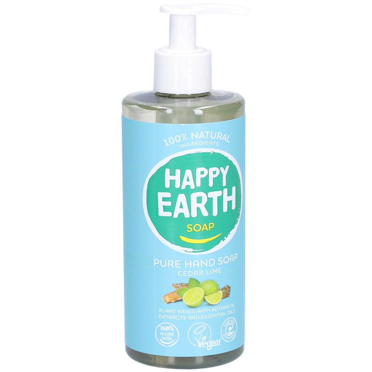 Savon liquide avec pompe. Inscription : Happy Earth Soap, Pure Hand Soap, Cèdre & Citron Vert. Label Vegan.