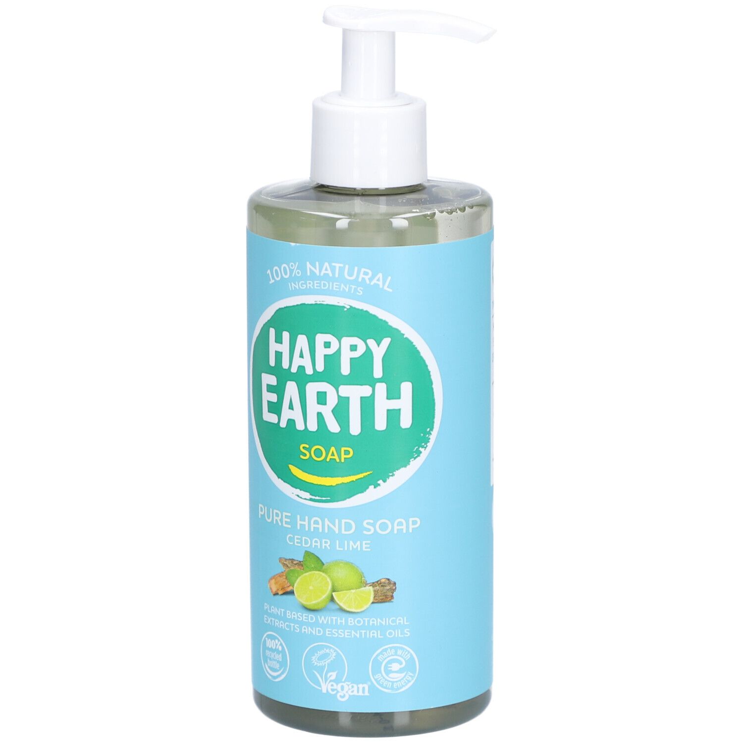 Savon liquide avec pompe. Inscription : Happy Earth Soap, Pure Hand Soap, Cèdre & Citron Vert. Label Vegan.