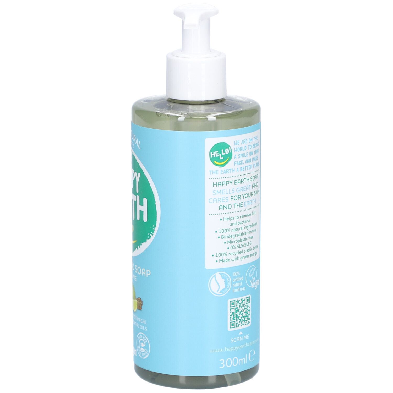 Dos du savon liquide. Texte et code-barres. Inscription : Happy Earth Soap.