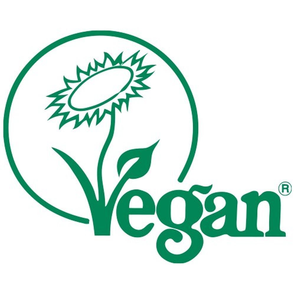 Logo végétalien vert avec tournesol et texte. Sur fond blanc.