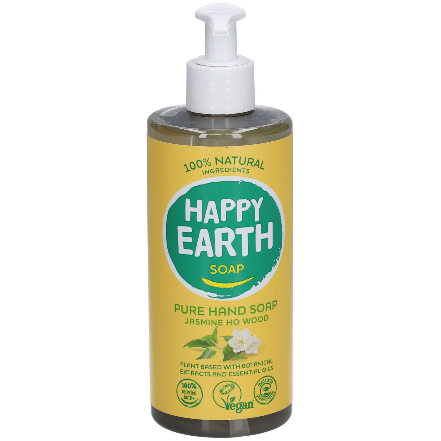 Savon pour les mains avec pompe. Bouteille jaune avec étiquette verte. Inscription : Happy Earth Soap, Jasmin & Bois de Hô. Vegan.