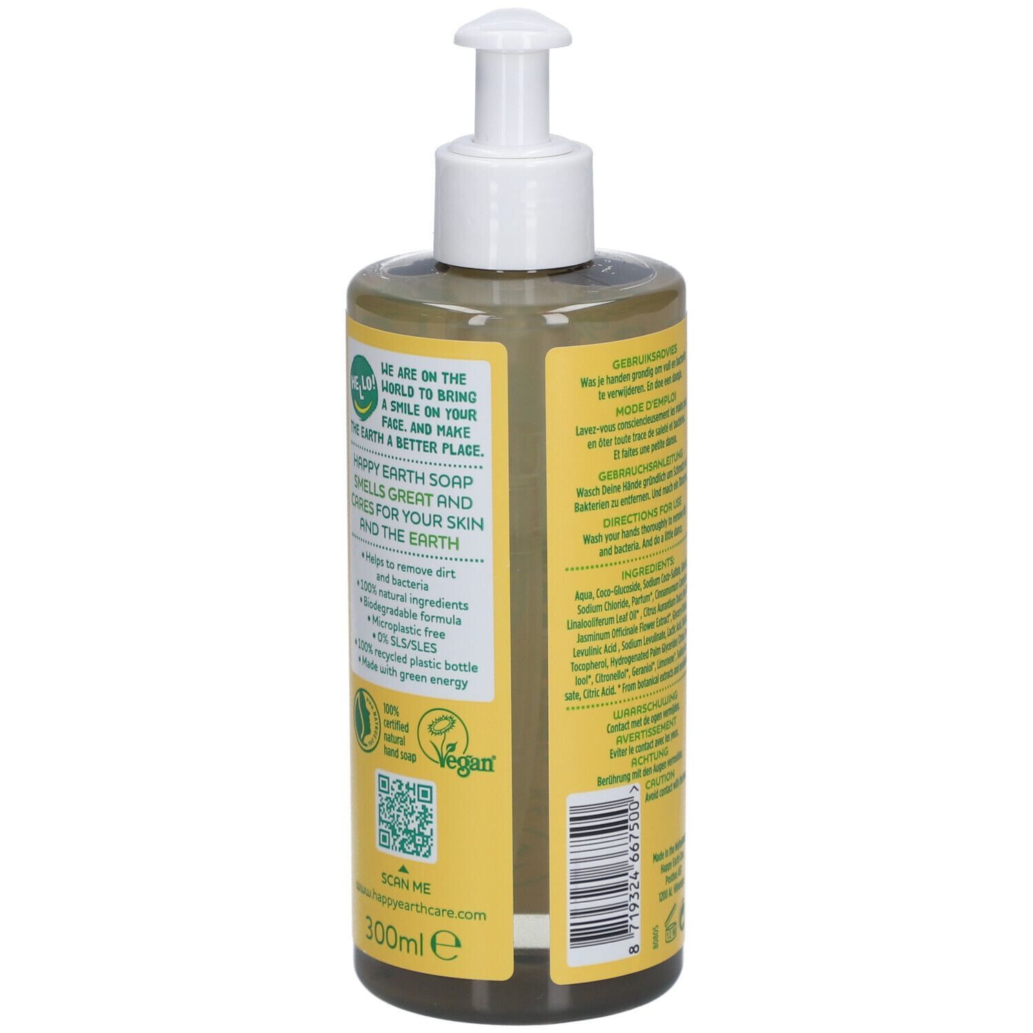 Dos de la bouteille de savon pour les mains. Étiquette jaune avec texte et ingrédients. 300 ml.