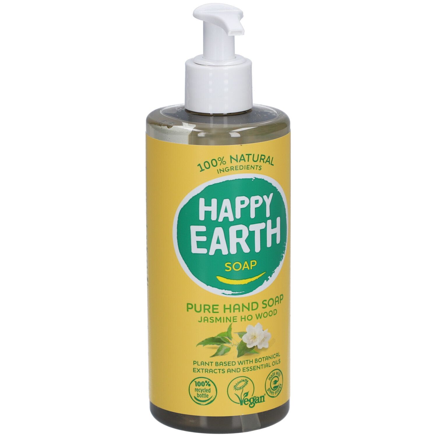 Savon pour les mains avec pompe. Bouteille jaune avec étiquette verte. Inscription : Happy Earth Soap, Jasmin & Bois de Hô. Vegan.