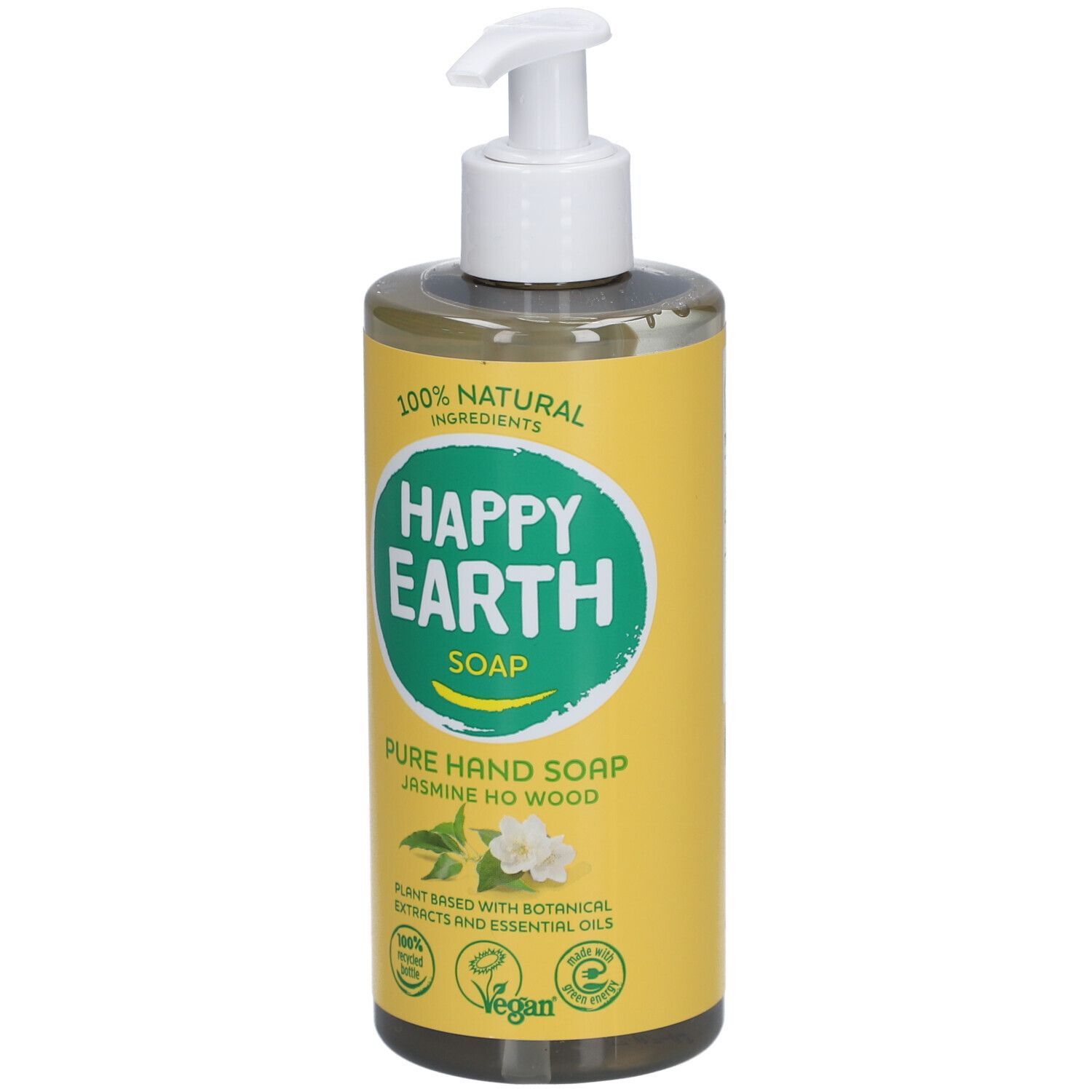 Savon pour les mains avec pompe. Bouteille jaune avec étiquette verte. Inscription : Happy Earth Soap, Jasmin & Bois de Hô. Vegan.