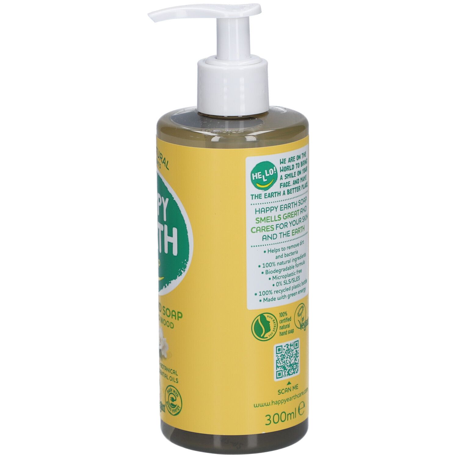 Dos de la bouteille de savon pour les mains. Étiquette jaune avec texte et ingrédients. 300 ml.