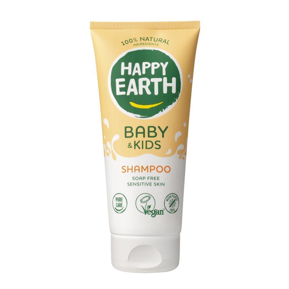 Tube jaune et blanche avec logo vert. Texte: Happy Earth, Baby & Kids, Shampooing. Label Vegan. Ingrédients 100% naturels.