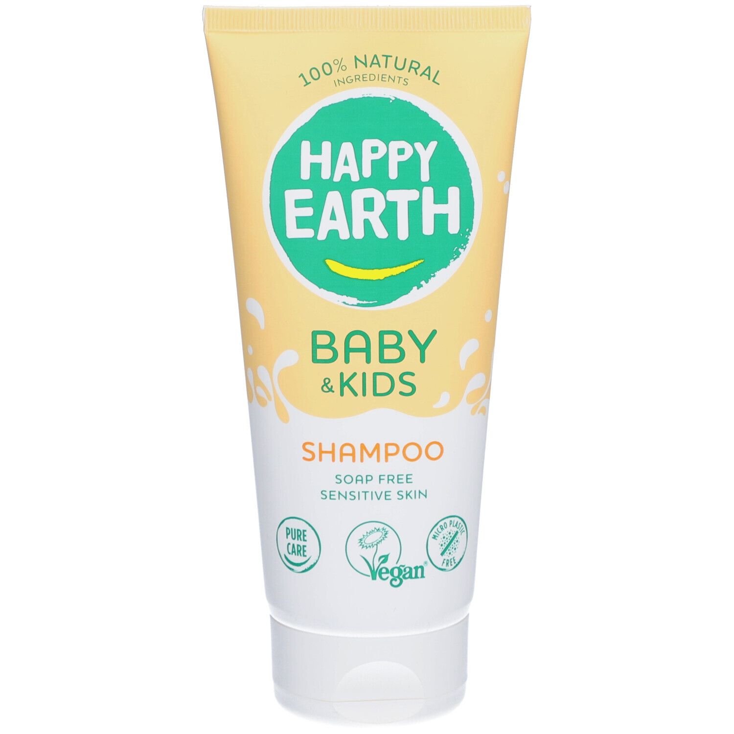 Tube jaune et blanche avec logo vert. Texte: Happy Earth, Baby & Kids, Shampooing. Label Vegan. Ingrédients 100% naturels.