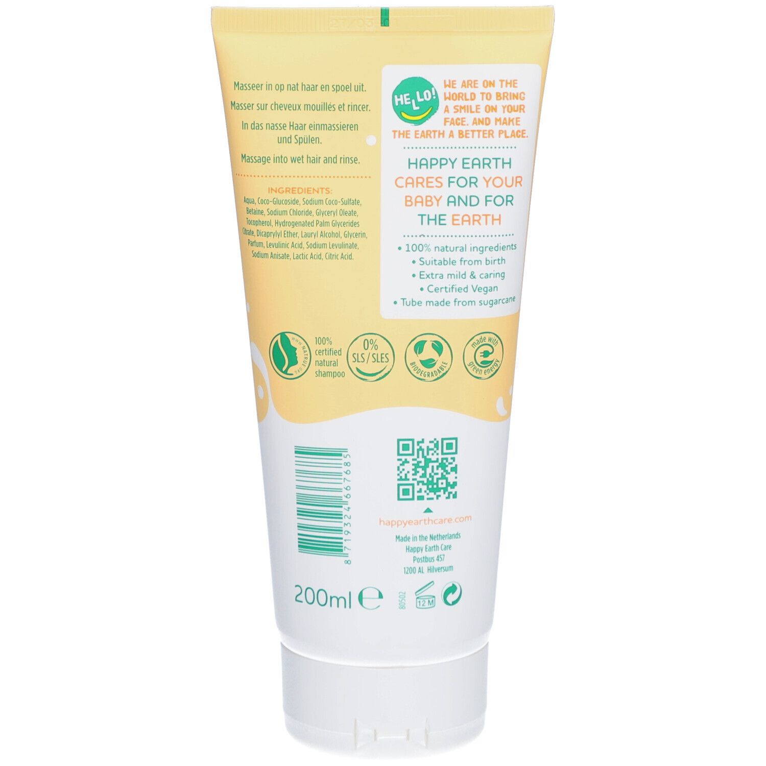 Dos d'un tube. Texte: Happy Earth, 100% ingrédients naturels, 0% SLS/SLES, certifié vegan. 200ml.