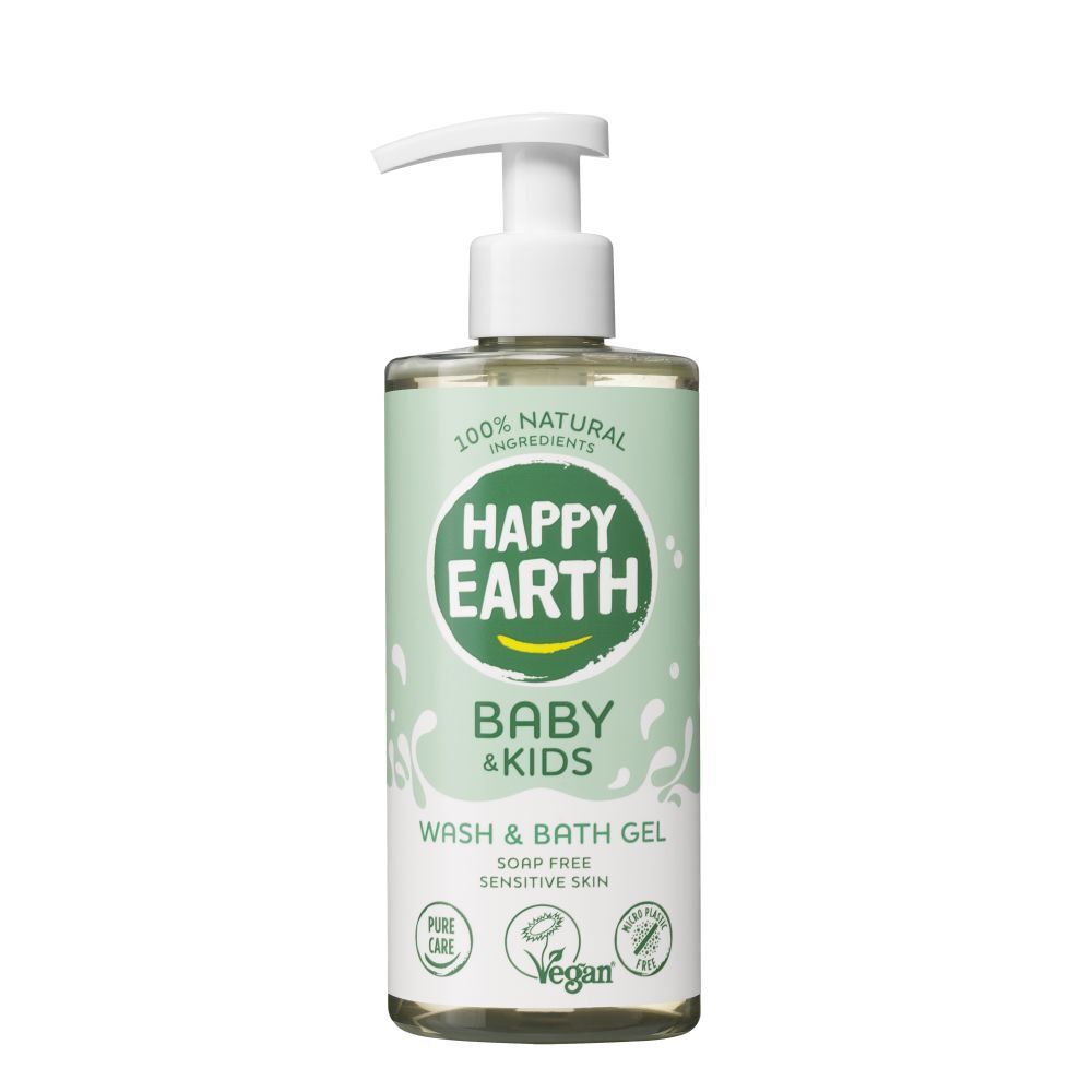 Flacon de gel lavant et bain Happy Earth Baby & Kids. Avec pompe. Étiquette verte et blanche avec logo et texte. Vegan.