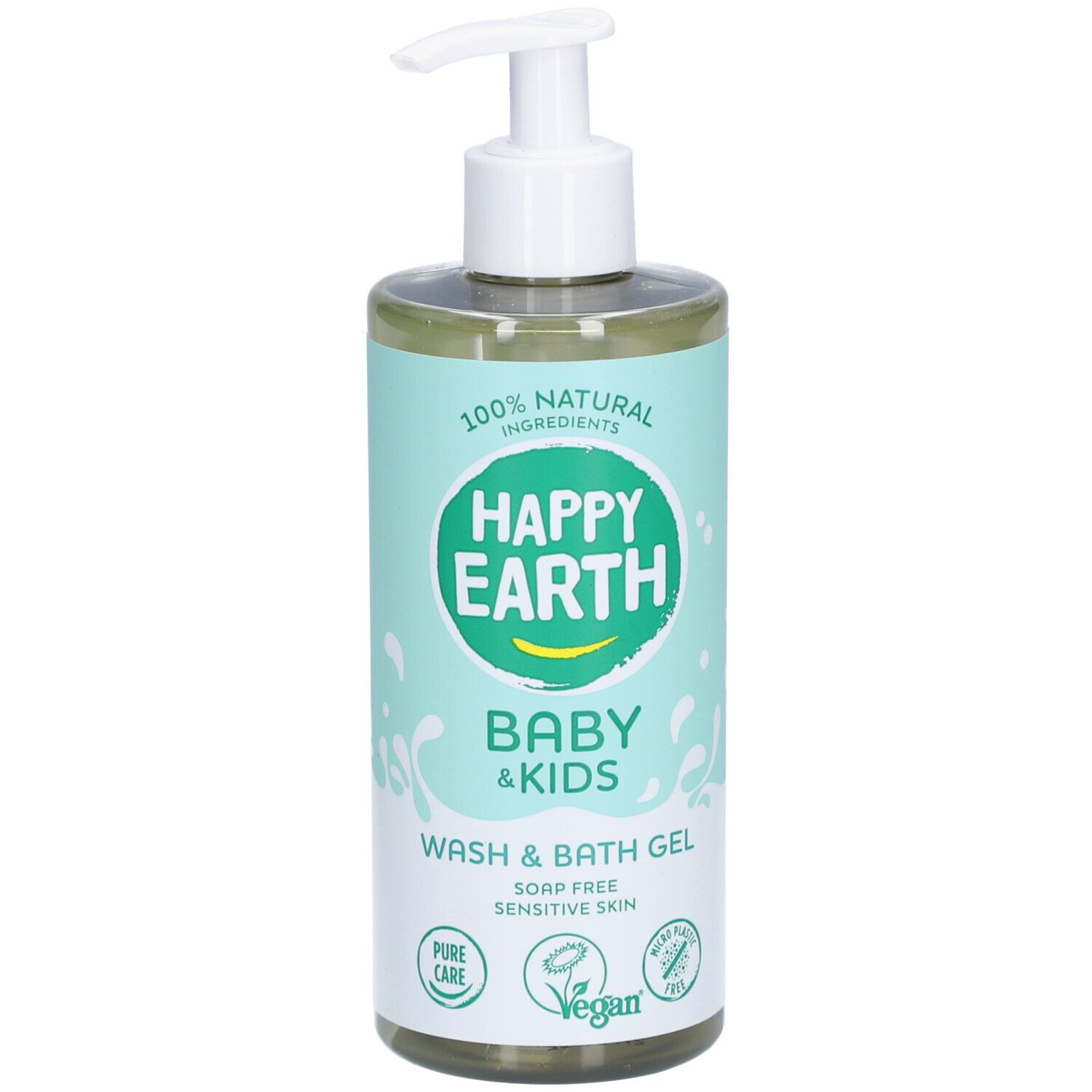 Flacon de gel lavant et bain Happy Earth Baby & Kids. Avec pompe. Étiquette verte et blanche avec logo et texte. Vegan.