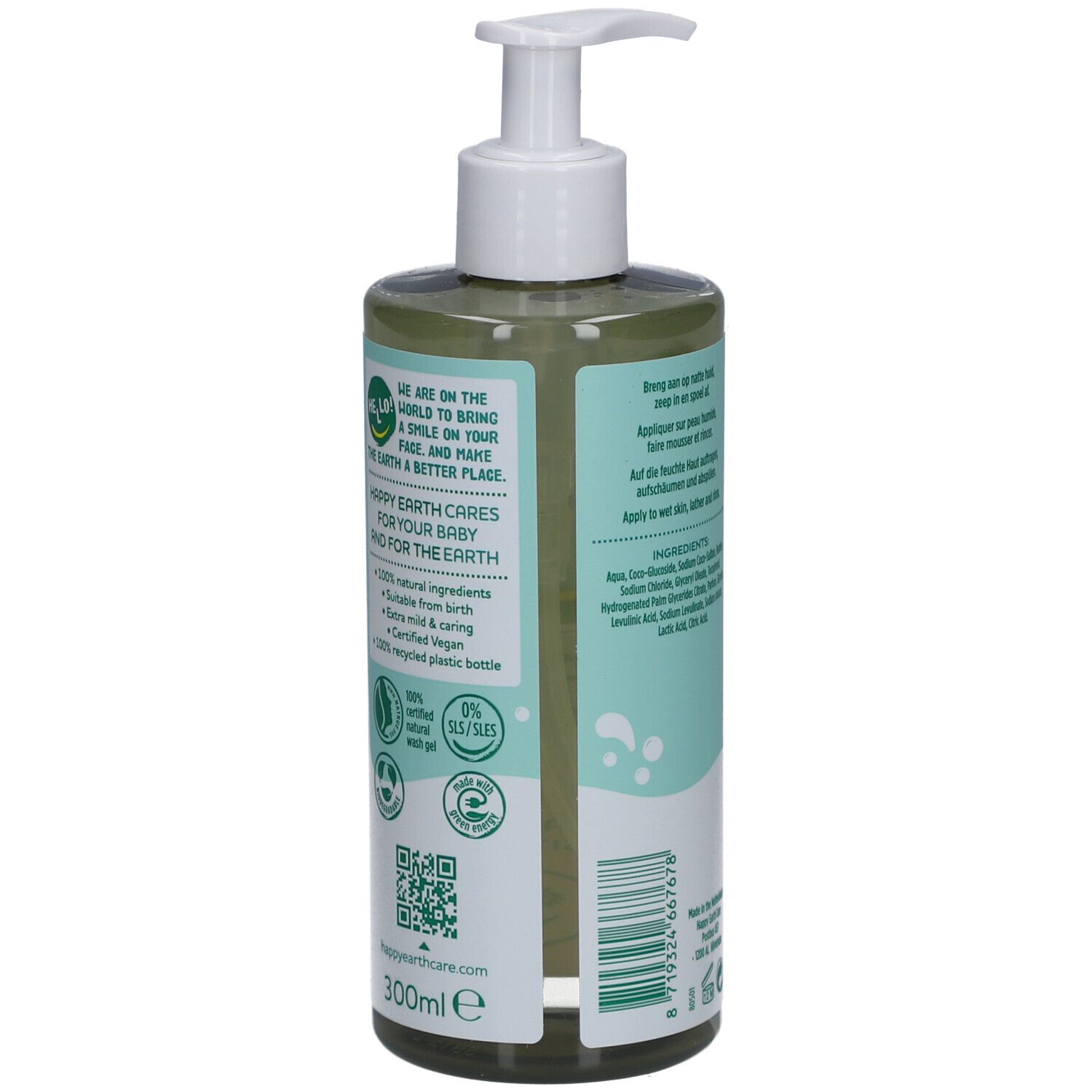 Dos du flacon de gel lavant et bain Happy Earth Baby & Kids. Texte et logos. Avec pompe. 300ml.