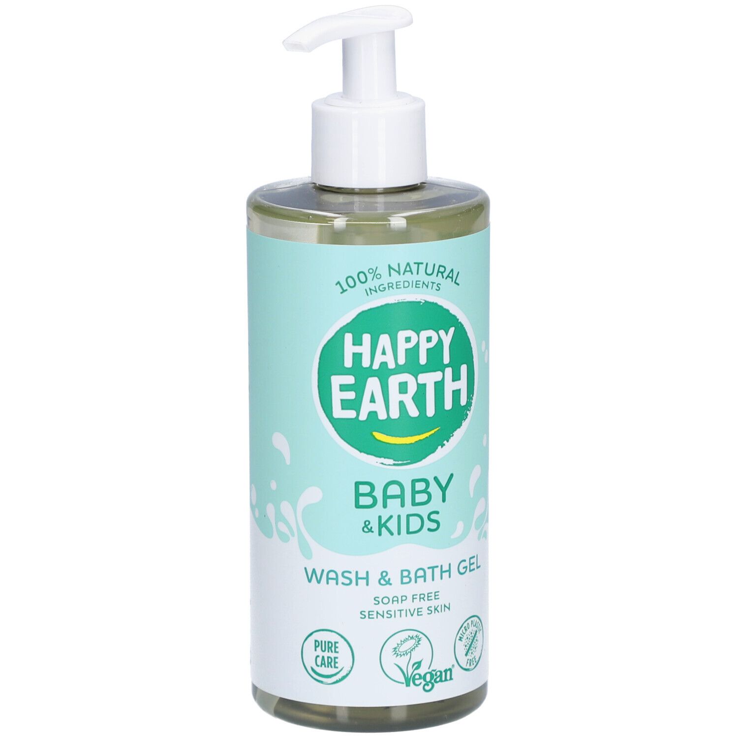 Flacon de gel lavant et bain Happy Earth Baby & Kids. Avec pompe. Étiquette verte et blanche avec logo et texte. Vegan.