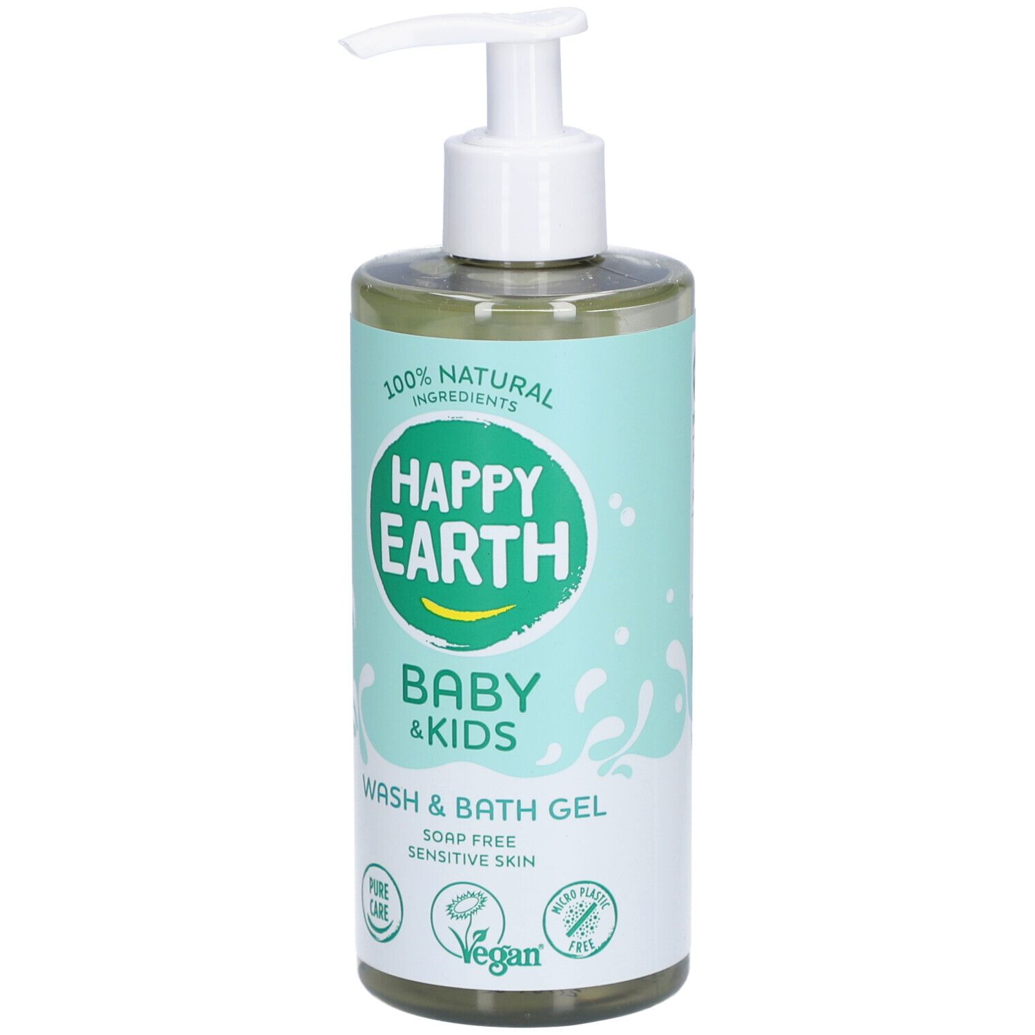 Flacon de gel lavant et bain Happy Earth Baby & Kids. Avec pompe. Étiquette verte et blanche avec logo et texte. Vegan.