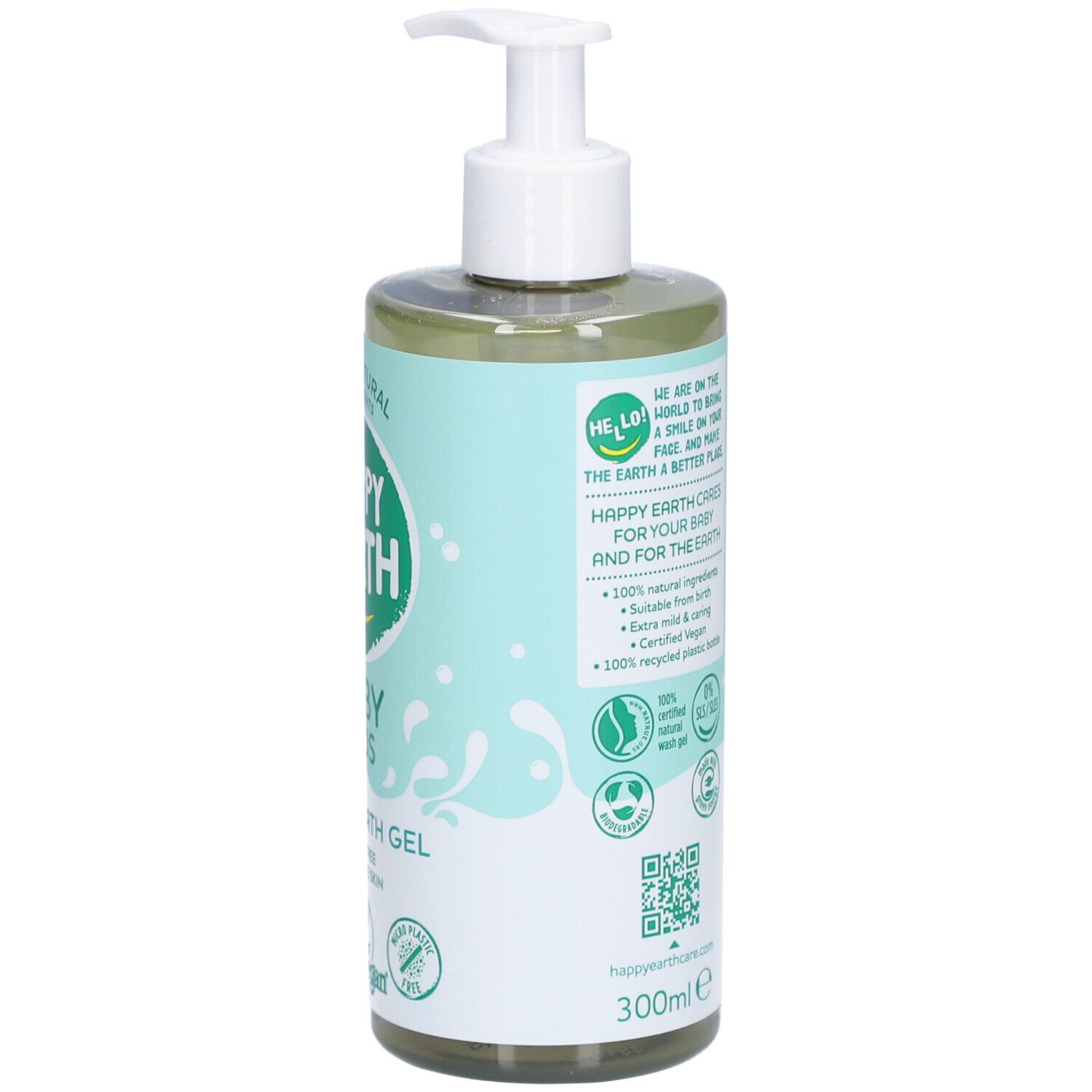 Dos du flacon de gel lavant et bain Happy Earth Baby & Kids. Texte et logos. Avec pompe. 300ml.