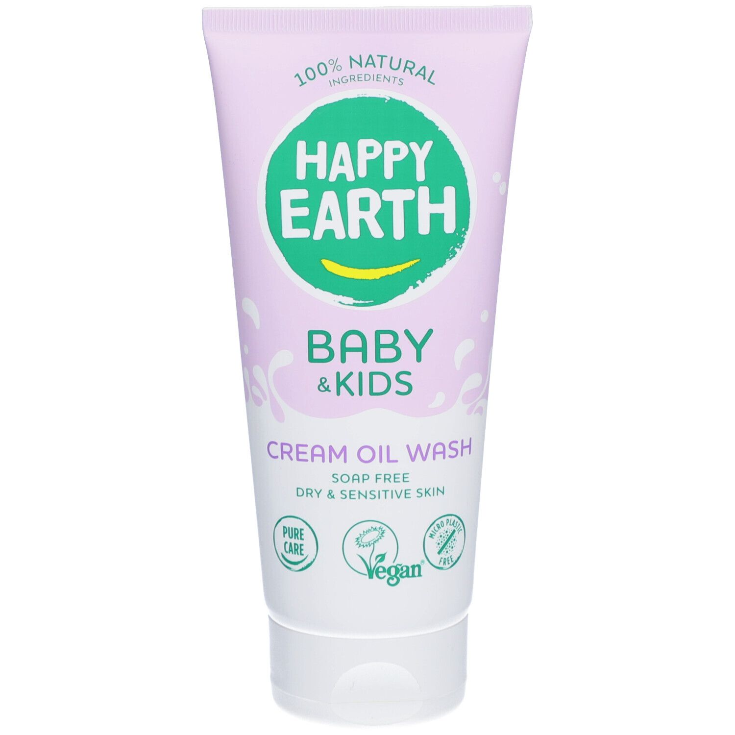 Gel lavant crème huile pour bébés et enfants. Marque Happy Earth. Tube avec logo vert et texte. Ingrédients 100% naturels.