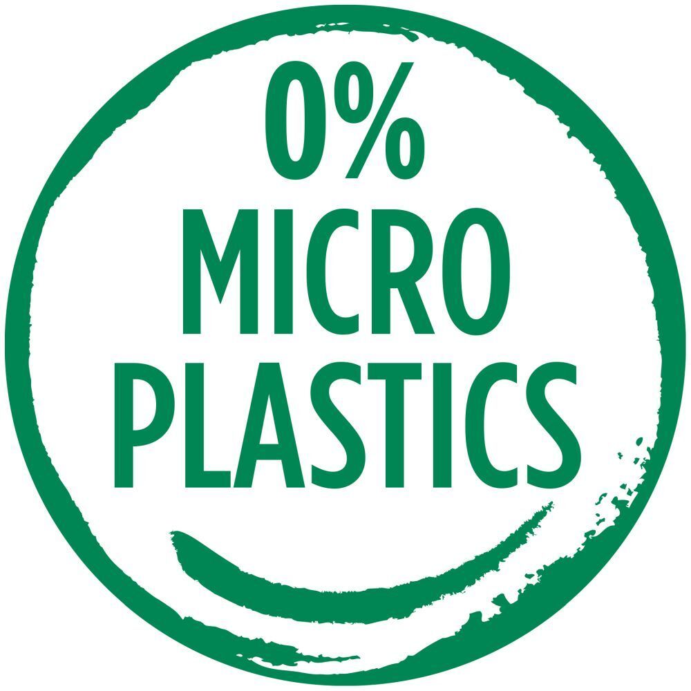 Autocollant rond vert avec texte '0% MICRO PLASTICS'.