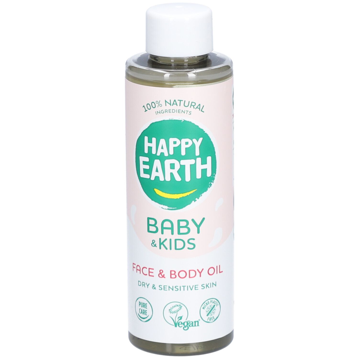 Huile visage et corps pour bébés et enfants. Bouteille à bouchon blanc. Inscription : Happy Earth, Baby & Kids, Face & Body Oil.