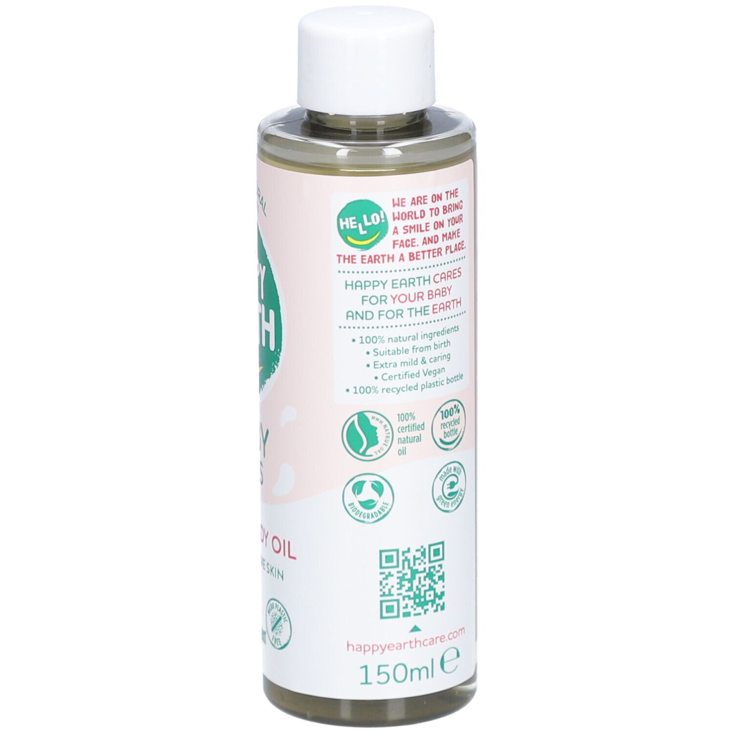 Huile visage et corps pour bébés et enfants. Bouteille à bouchon blanc. Inscription : Happy Earth, Baby & Kids, Face & Body Oil. 150ml.