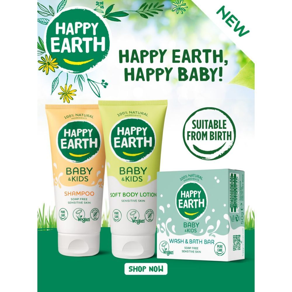 Image publicitaire avec trois produits Happy Earth : shampooing, lotion pour le corps et pain lavant. Texte : Happy Earth, Happy Baby !