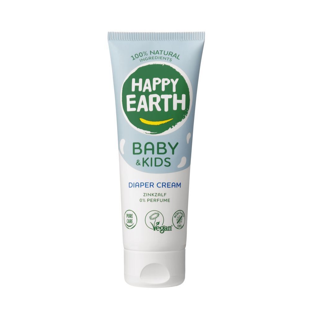 Tube de crème pour bébés et enfants. Inscription: Happy Earth, Baby & Kids, Diaper Cream. Label Vegan.