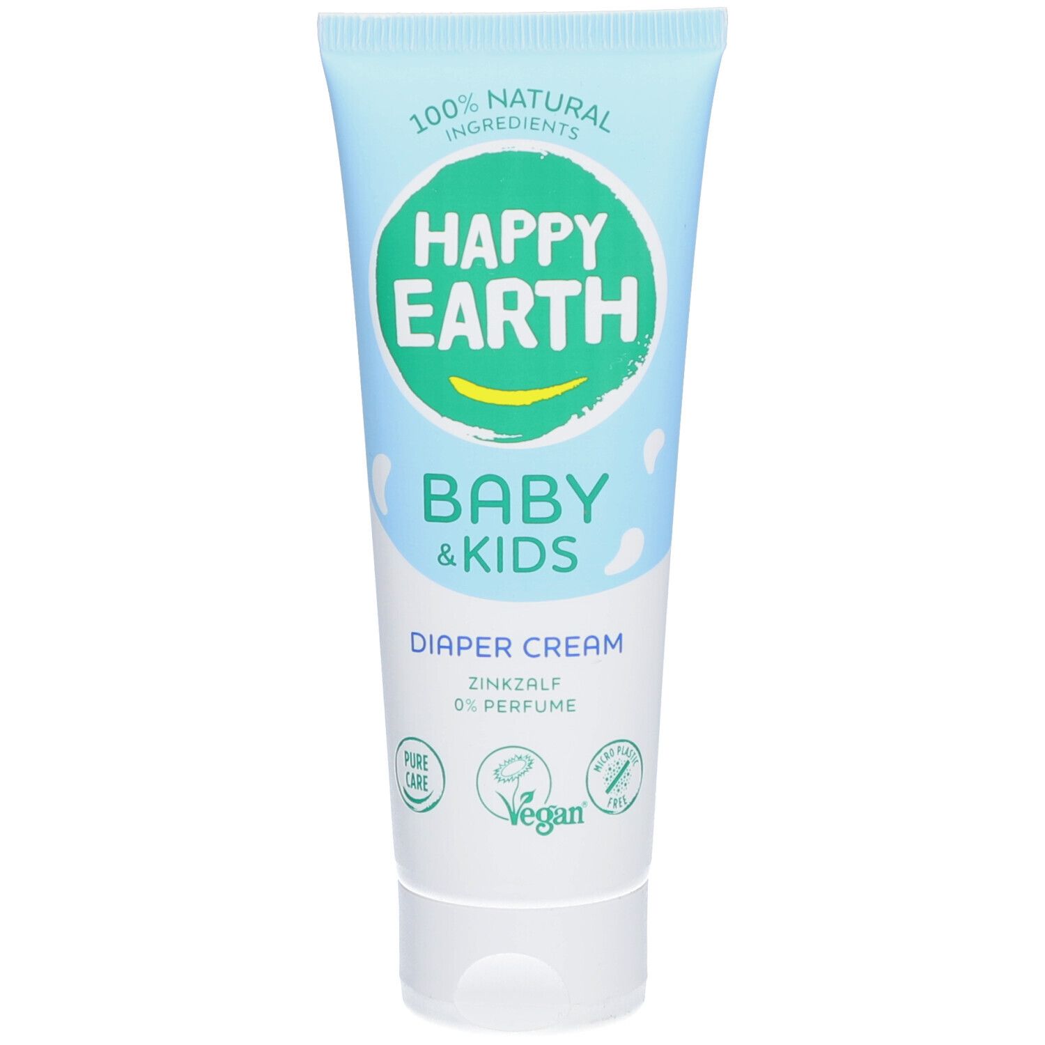 Tube de crème pour bébés et enfants. Inscription: Happy Earth, Baby & Kids, Diaper Cream. Label Vegan.