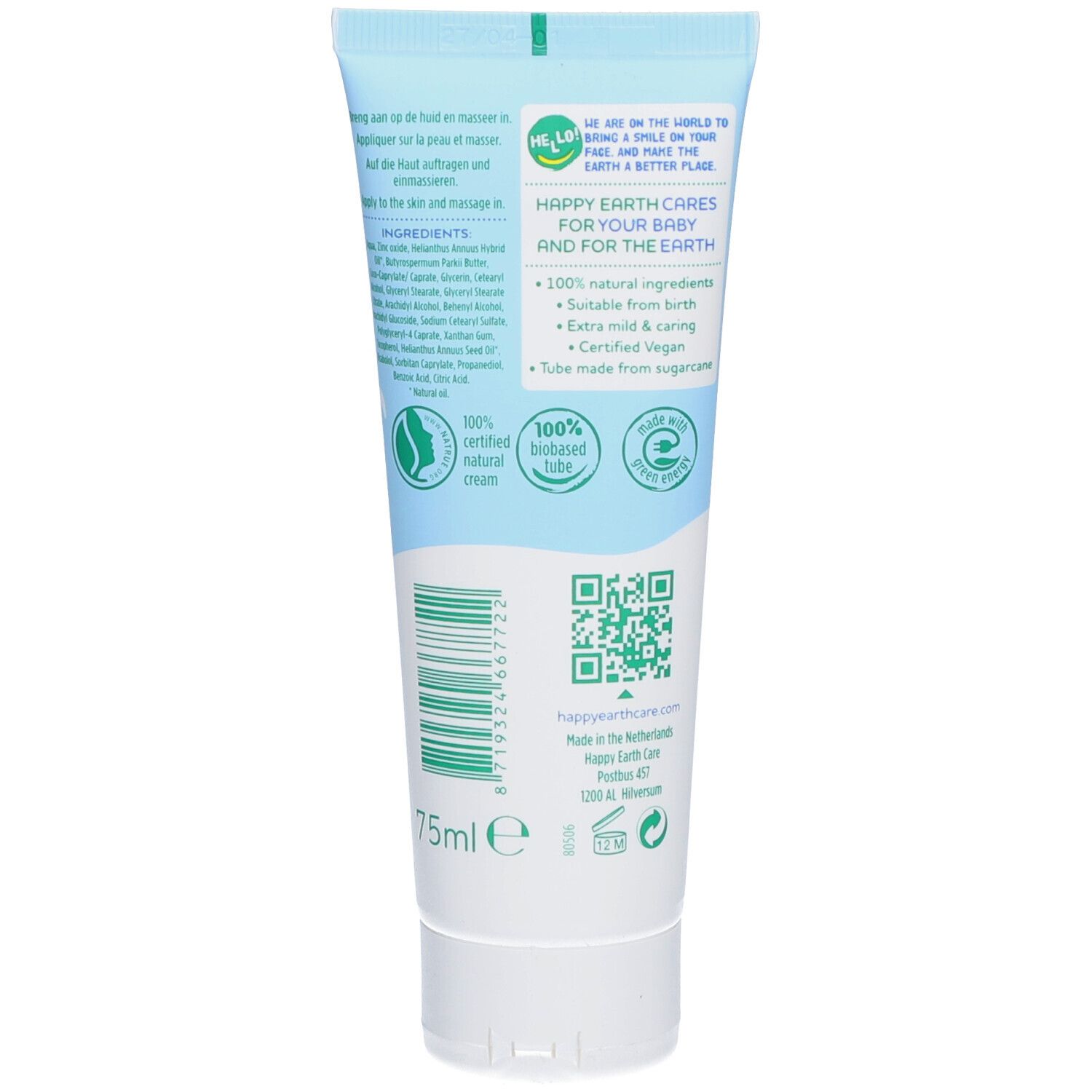 Dos d'un tube de crème. Texte: Happy Earth, 100% crème naturelle certifiée, végétalien, 75ml.