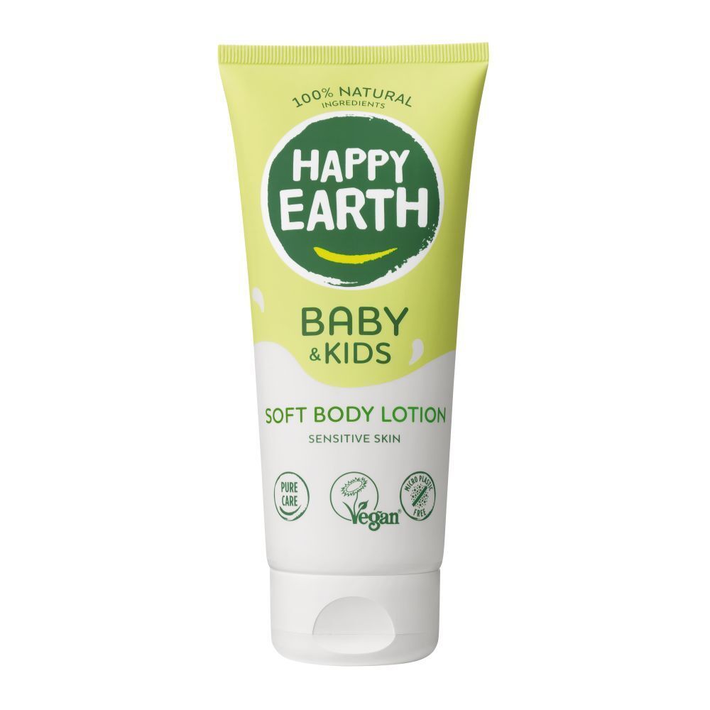 Tube de crème avec bouchon vert. Inscription: HAPPY EARTH, BABY & KIDS, Soft Body Lotion. Label Vegan.
