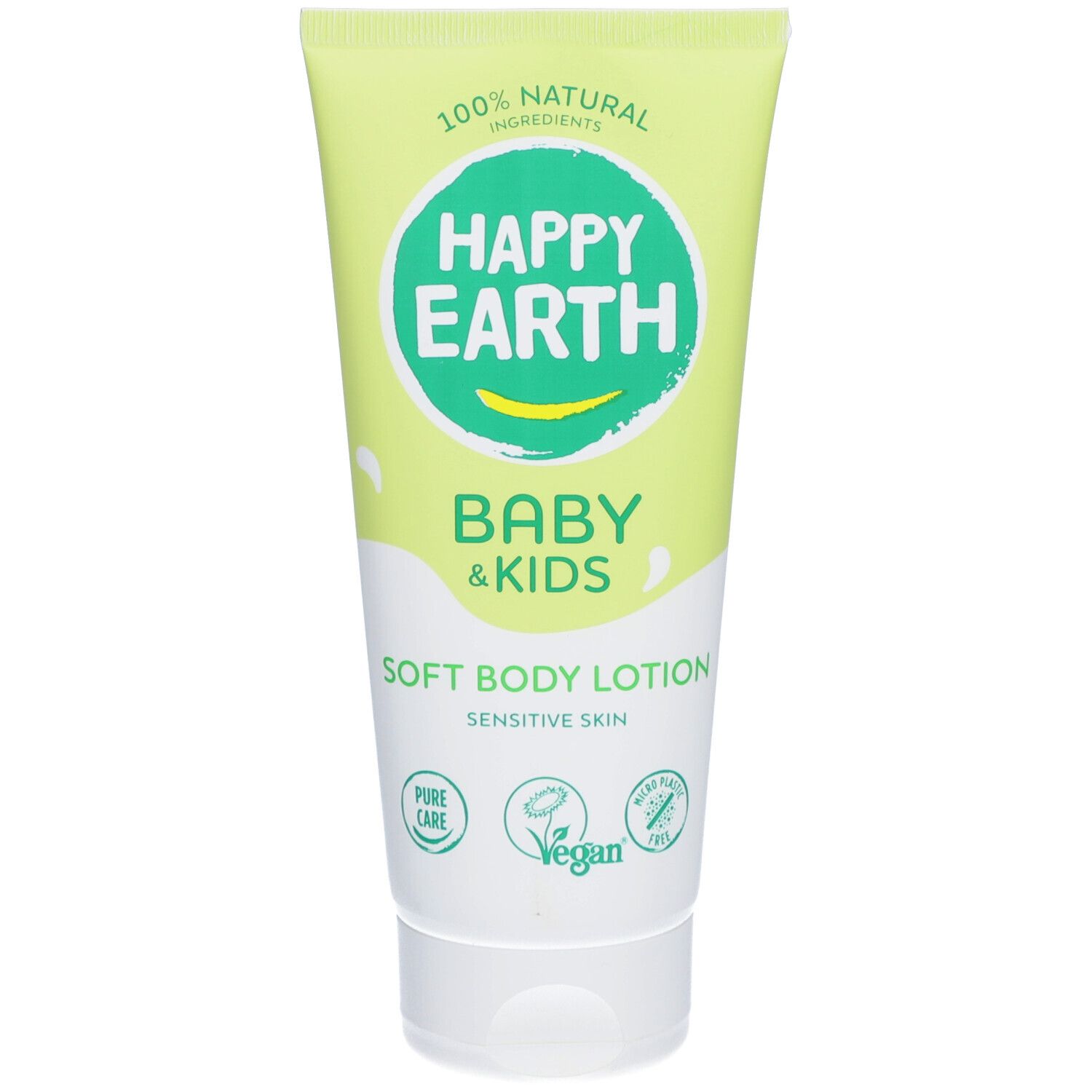 Tube de crème avec bouchon vert. Inscription: HAPPY EARTH, BABY & KIDS, Soft Body Lotion. Label Vegan.