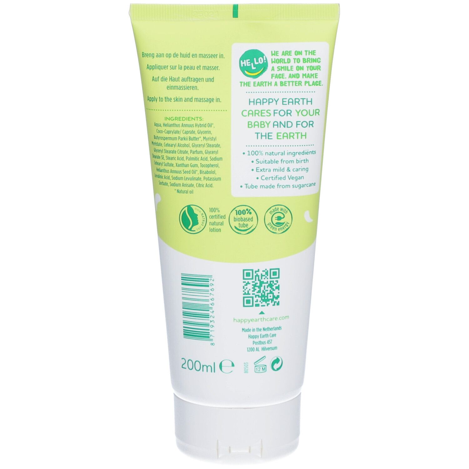 Dos d'un tube de crème. Inscription: HAPPY EARTH, 100% natural ingredients, 200ml. Label Vegan.