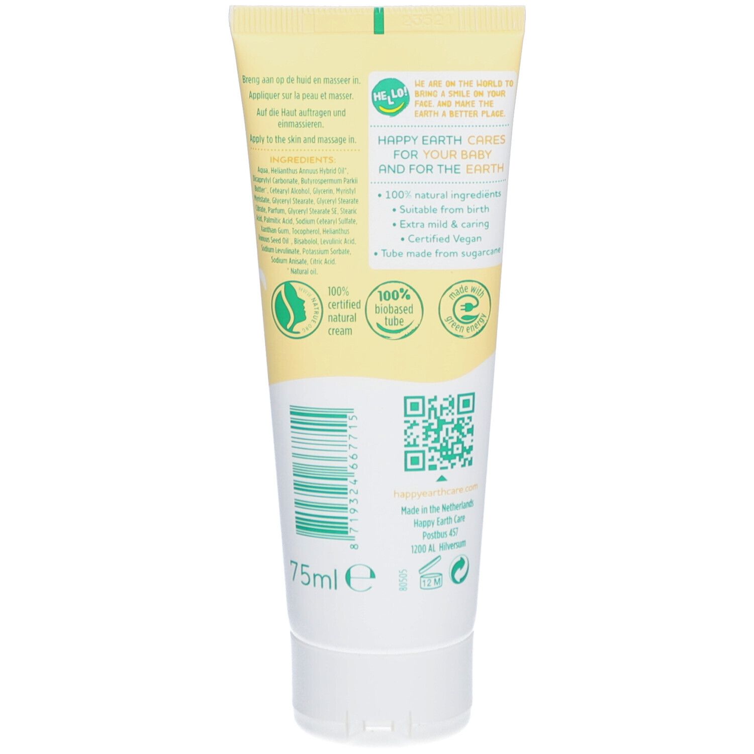 Dos du tube de crème. Contient des informations sur les ingrédients, les certifications et le fabricant.