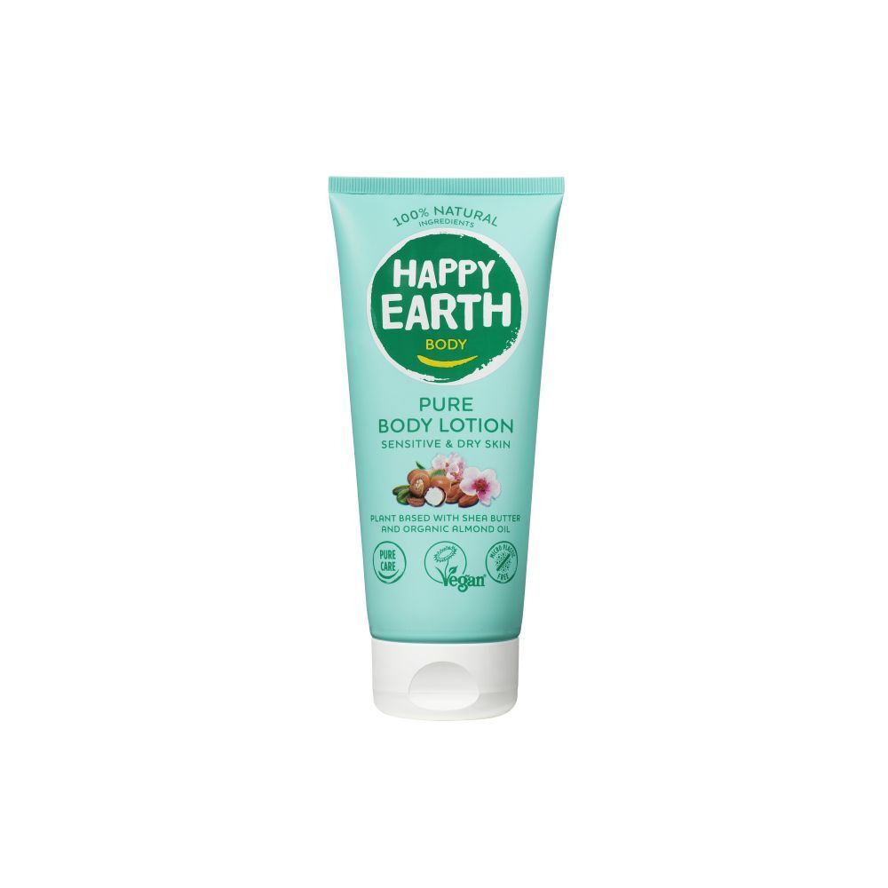 Tube bleu clair avec bouchon blanc. Inscription: Happy Earth, Pure Body Lotion, Sensitive & Dry Skin. Avec fleurs et noix.