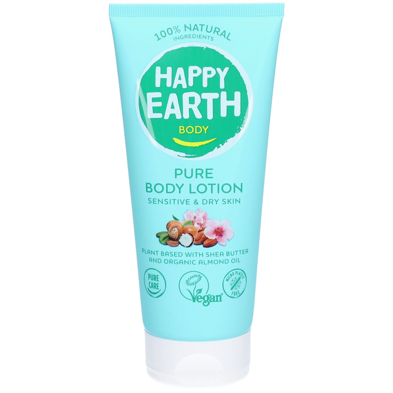 Tube bleu clair avec bouchon blanc. Inscription: Happy Earth Body, Pure Body Lotion, Sensitive & Dry Skin. Avec fleurs et noix.