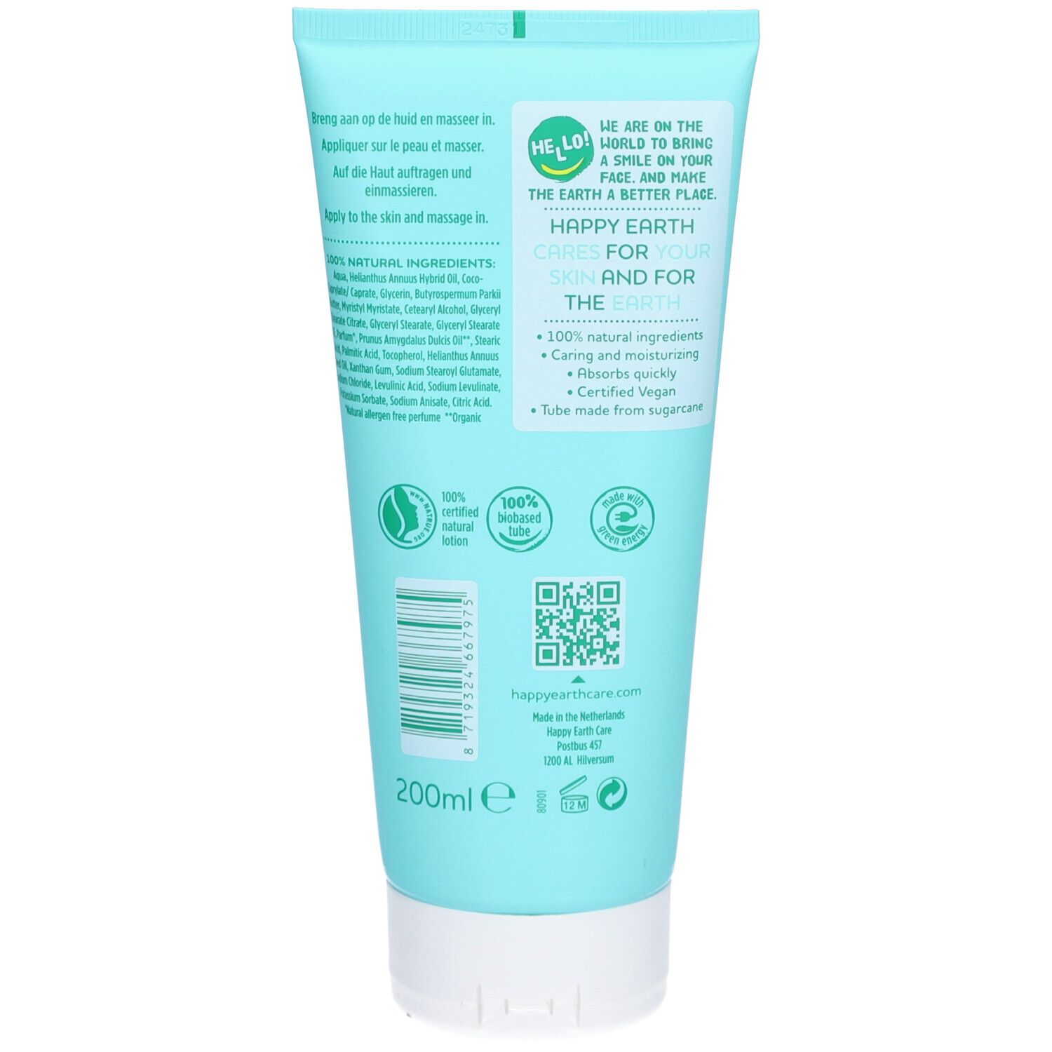 Dos d'un tube bleu clair. Texte: Happy Earth, 100% ingrédients naturels. Avec code QR et certifications.