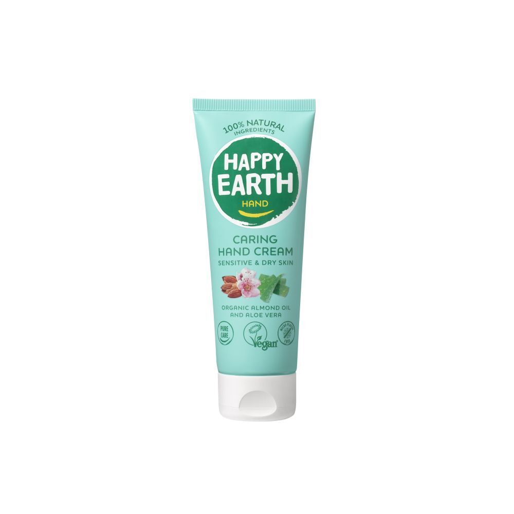 Tube turquoise avec bouchon blanc. Inscription: Happy Earth, Hand, Caring Hand Cream. Contient de l'huile d'amande et de l'aloe vera. Vegan.