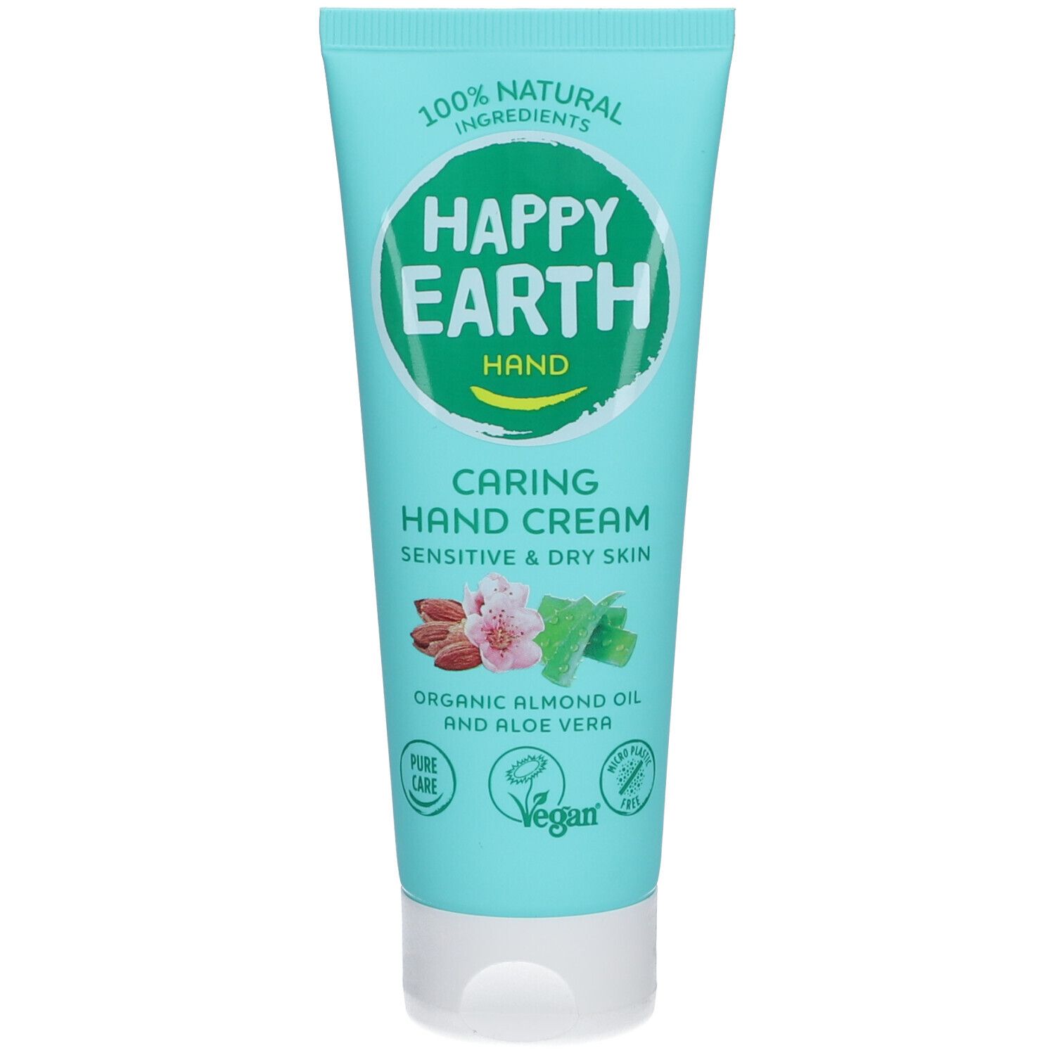 Tube turquoise avec bouchon blanc. Inscription: Happy Earth, Hand, Caring Hand Cream. Contient de l'huile d'amande et de l'aloe vera. Vegan.