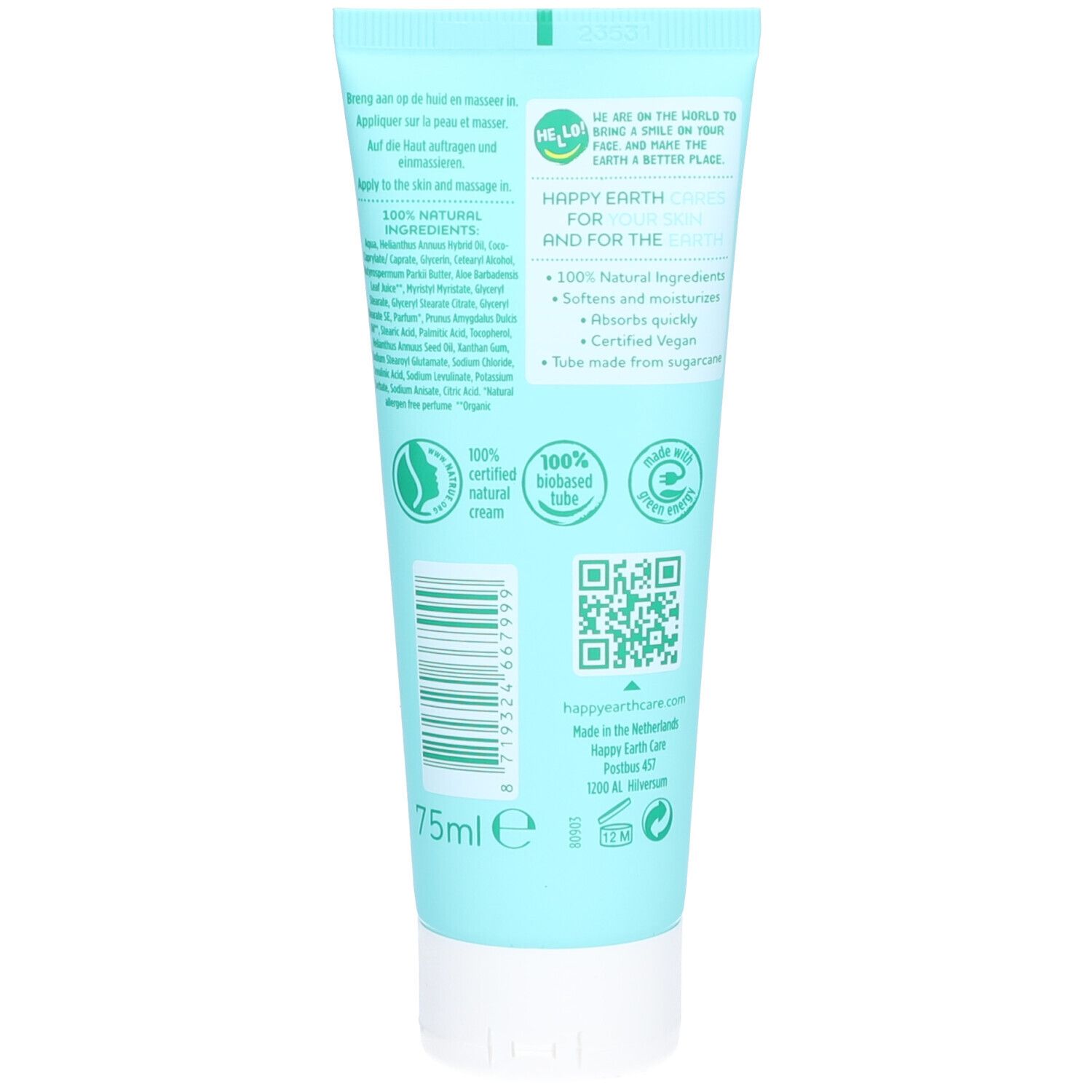 Dos du tube turquoise. Contient des informations sur les ingrédients, les certifications et un code QR. 75ml. Fabriqué aux Pays-Bas.