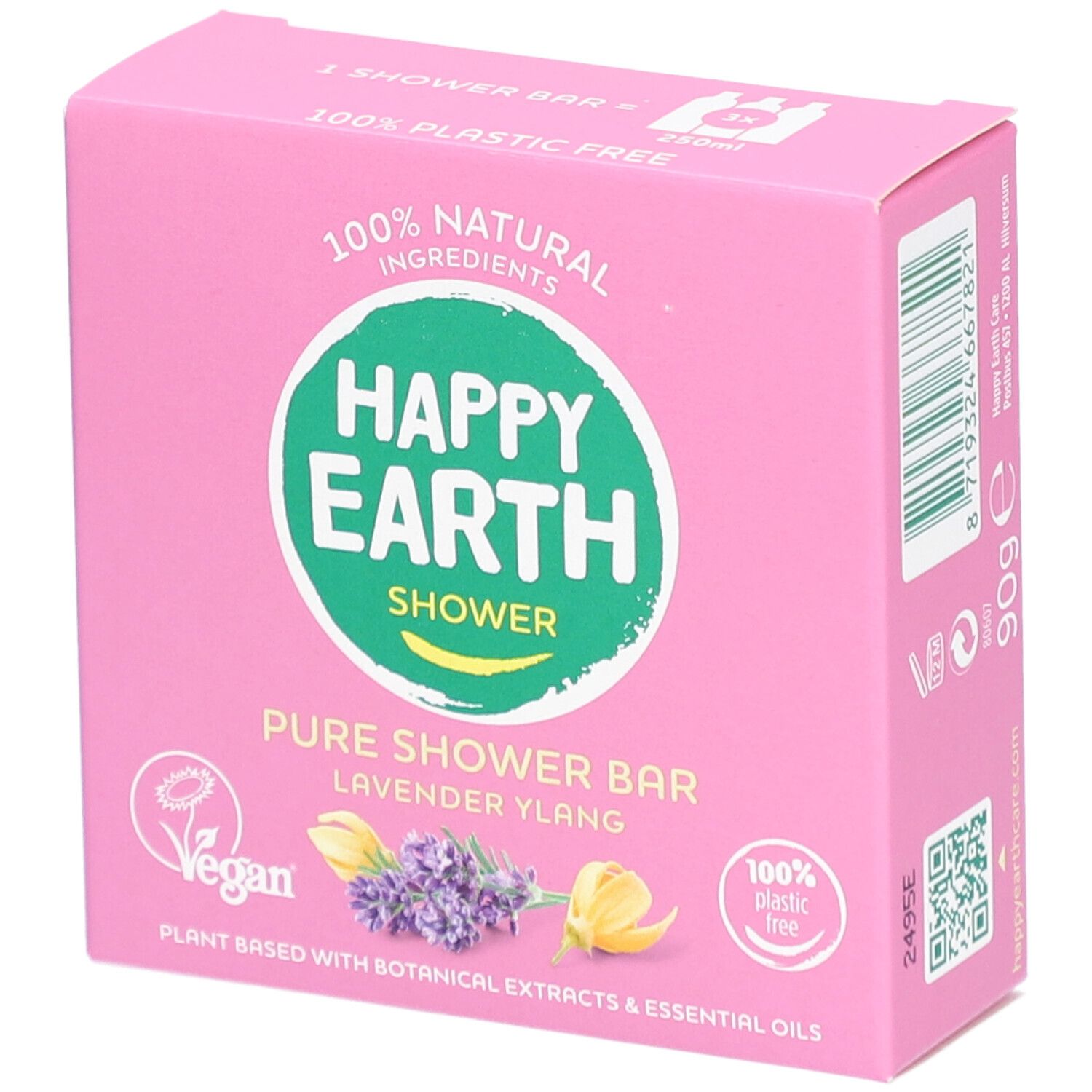 Boîte rose avec inscription : HAPPY EARTH, PURE SHOWER BAR, Lavande Ylang. Logo Vegan.