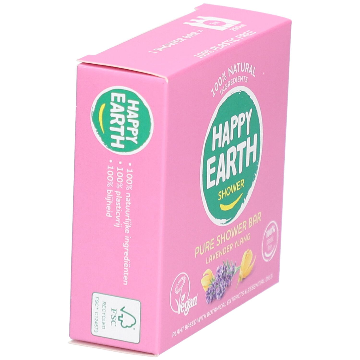 Boîte rose avec inscription : HAPPY EARTH, PURE SHOWER BAR, Lavande Ylang. Logo Vegan.